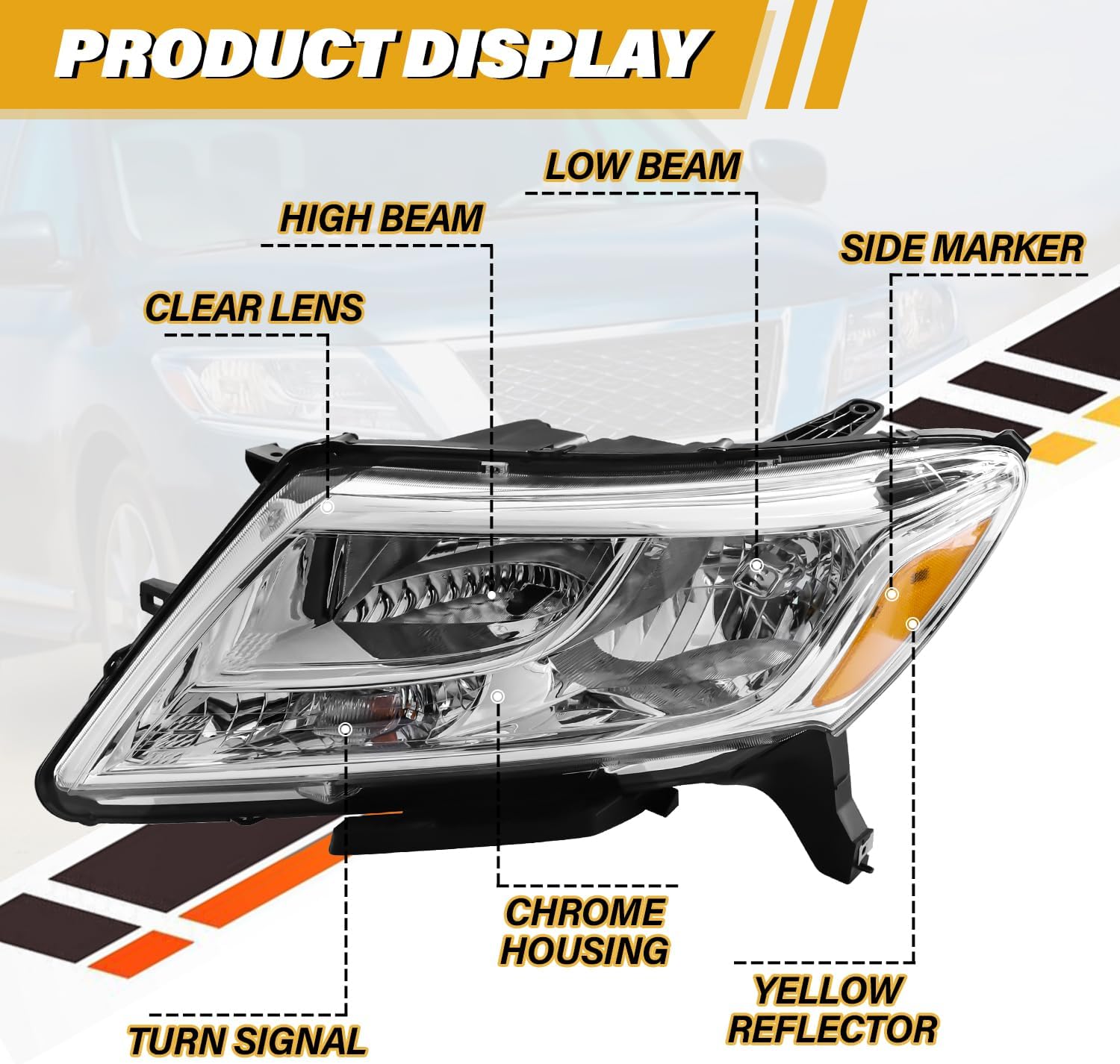 Headlight Assembly Compatible with Nissan Pathfinder 2013-2016, Halogen Headlamp Replacements for NI2502221 NI250322 26060-3KA0B 26010-3KA0B, w/o High/Low Beam, Chrome Housing Amber Reflector
