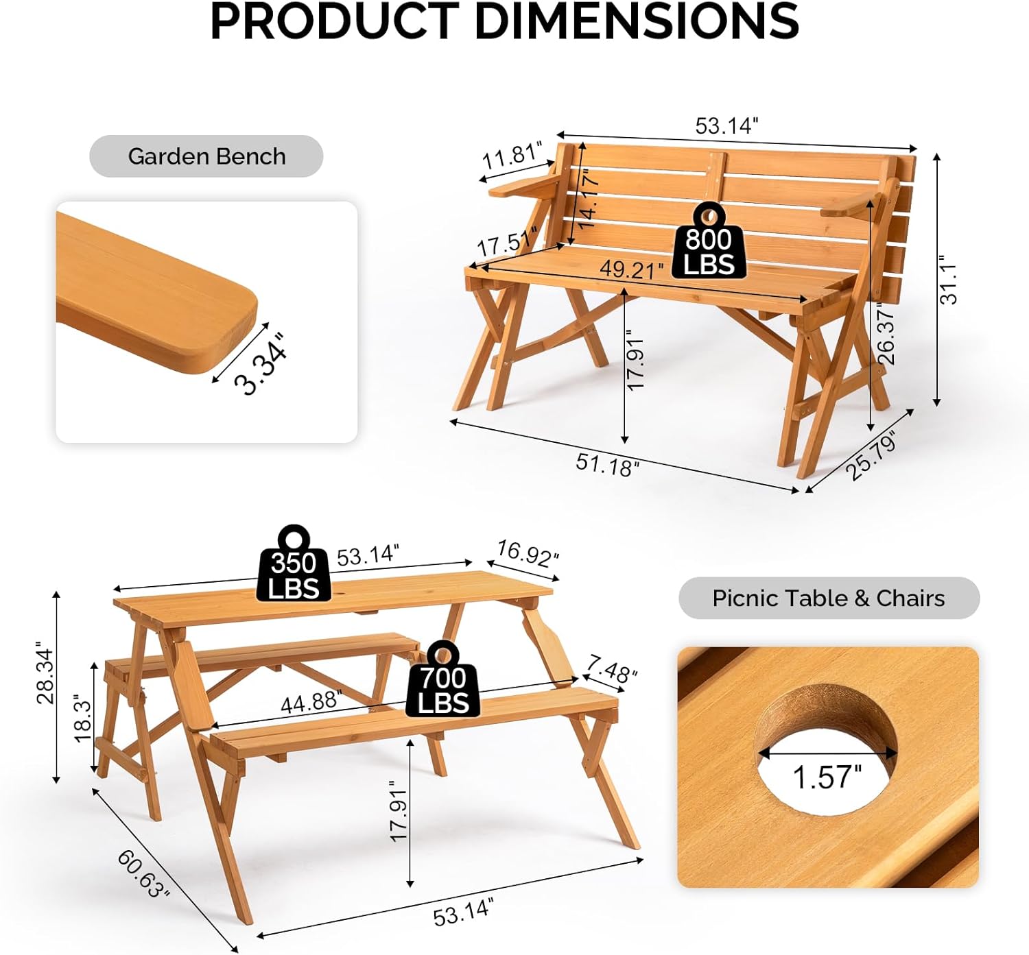 VINGLI 2-in-1 Outdoor Wooden Picnic Table and Bench Set with Umbrella Hole – Convertible Design for Garden, Patio, Porch, Deck – Natural Wood