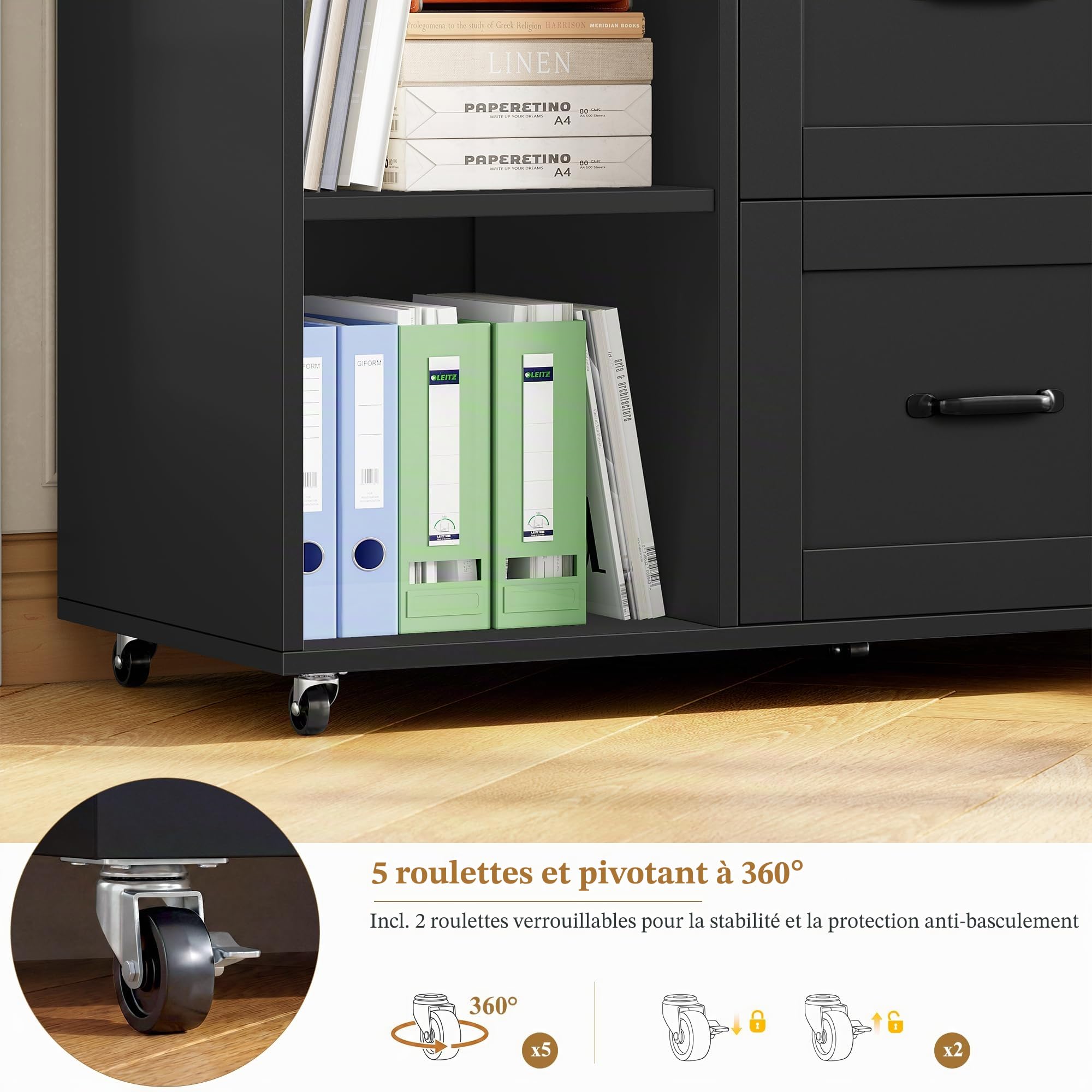 HOCSOK Caisson Bureau, Support d'Imprimante, avec Prises Électriques et 2 Ports USB, Meuble de Rangement à 5 roulettes Mobile, pour Dossiers A4/Letter/Legal, Armoire de Rangement pour Bureau, Ecole