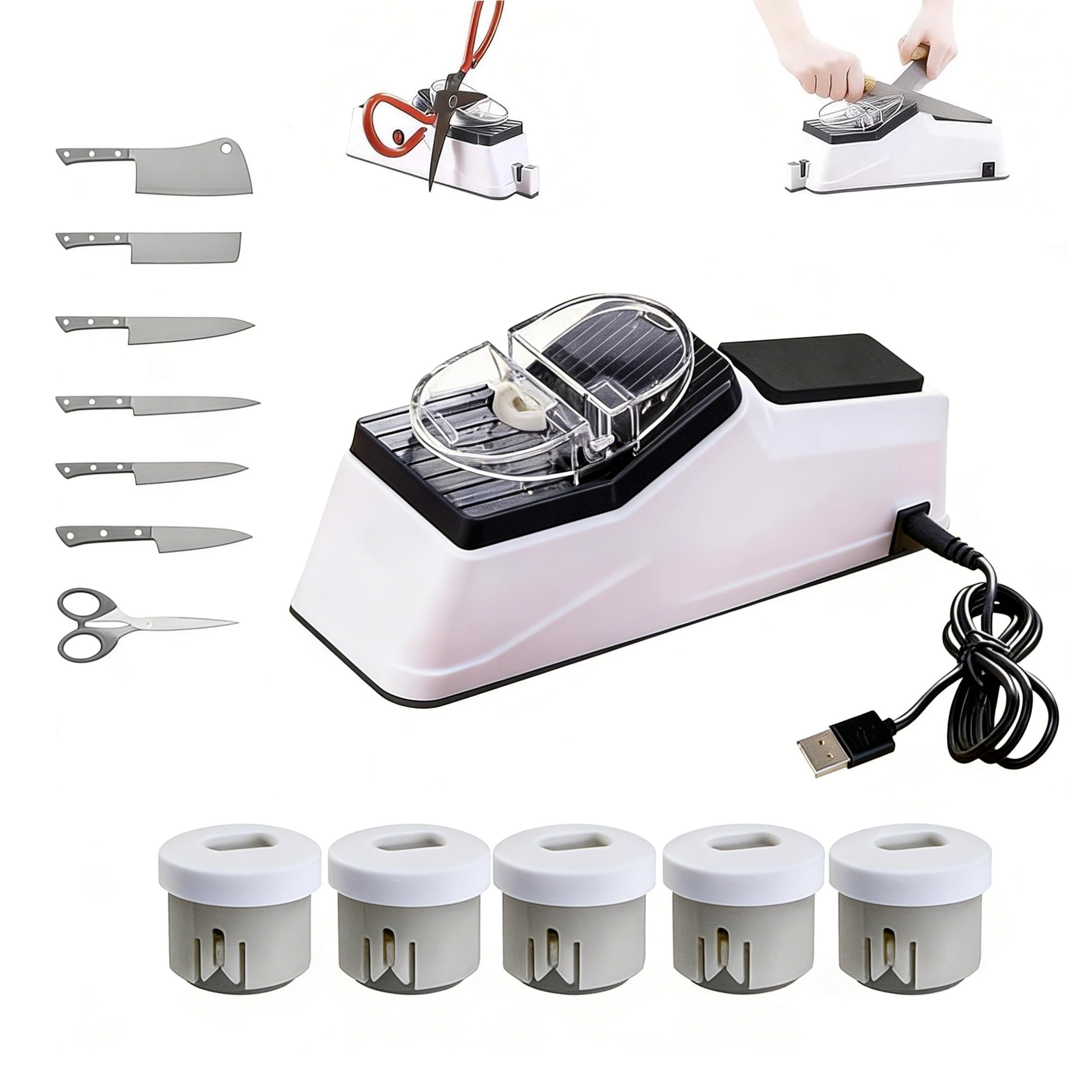 Efficient USB Electric Knife Sharpener Double Sided Design Replacement Grinding Tools Quick Sharpening Polishing Stable Non-slip Base