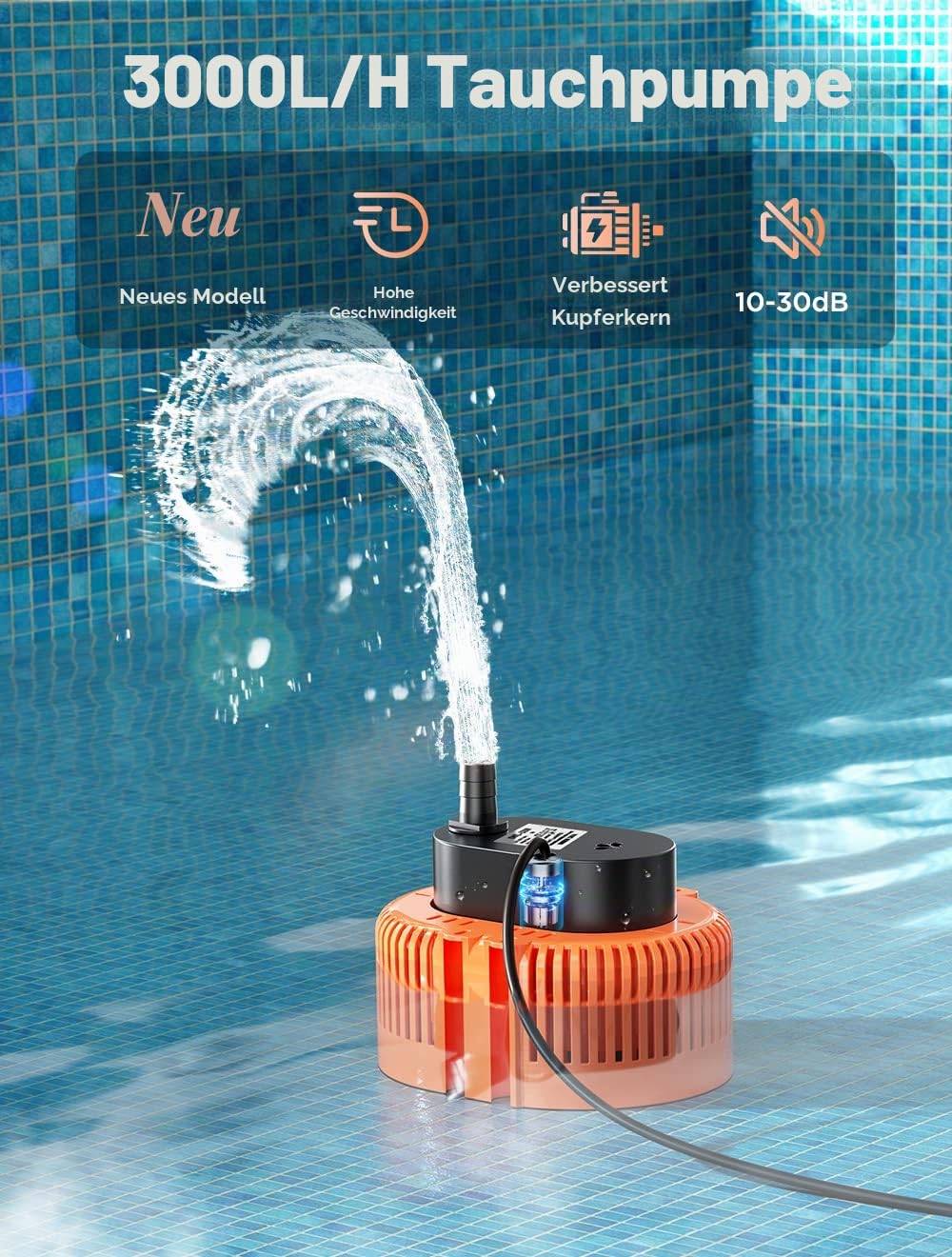 Schmutzwasser-Tauchpumpe(75 W, Ø19 mm,3.000L/H,5M mit Ablaufschlauch und 7.5M extra langem Netzkabel,3.2m max Förderhöhe,3 verschiedene Adapter) (Orange)