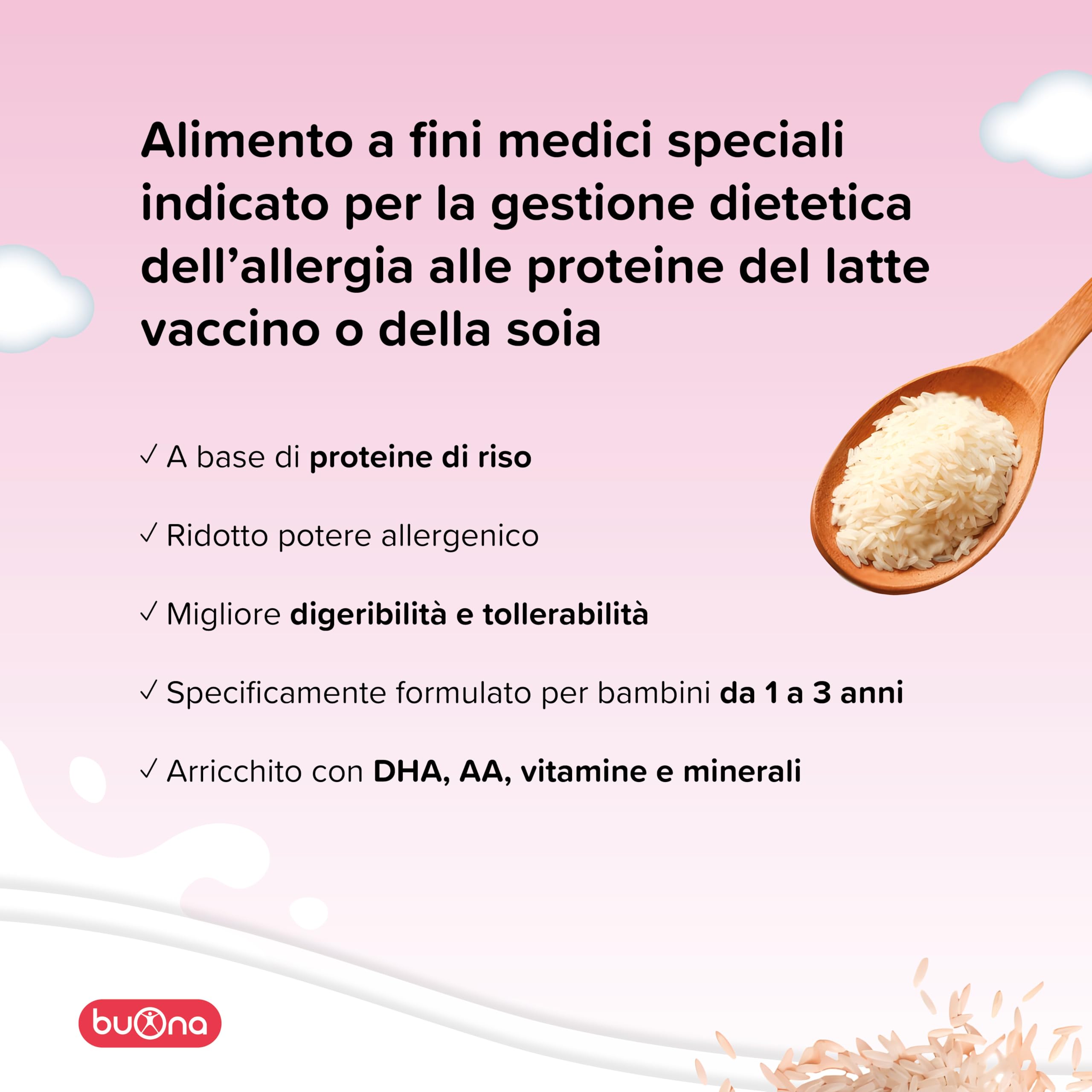 Buona BB Milk RISO PRO 1-3 Anni 400g, Alimento alternativo al Latte in Polvere per Bambini con Disturbi alle Proteine del Latte Vaccino o della Soia, con DHA, Calcio e Nucleotidi