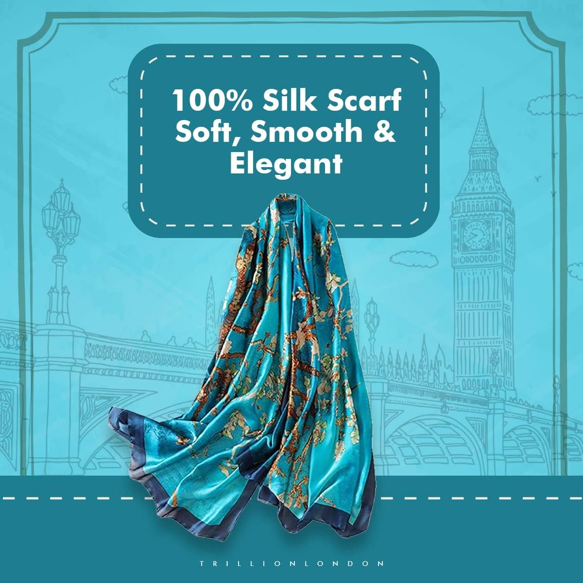 Trillion London® Spring Collection Silk Scarf - Silk Neck Scarf For Women - Ladies Lightweight Scarves Shawl Wraps 70" x 35" - Image 2