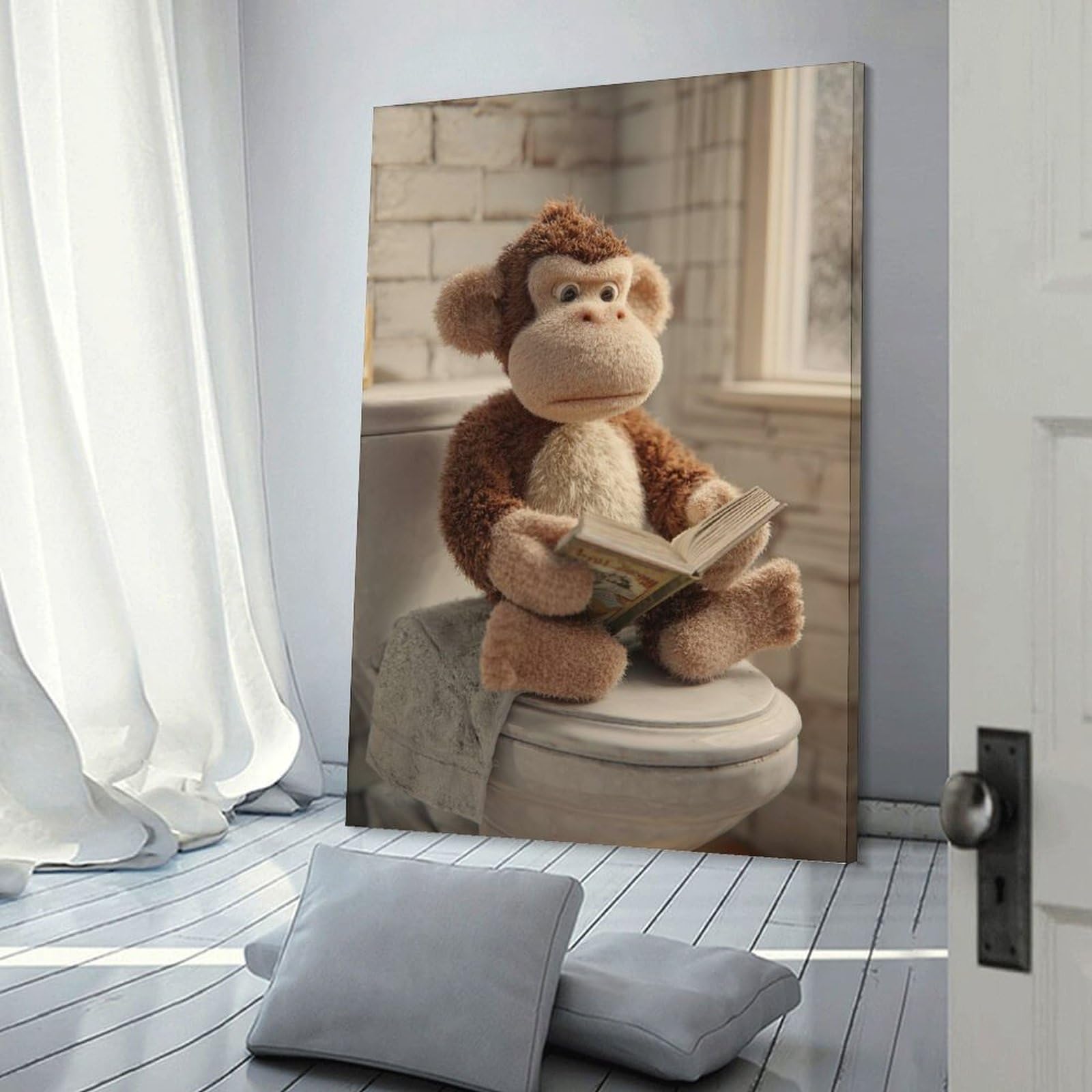 Junmoney Frame-Style-15 Monkey Reading A Book On A Toilet Wall Picture Print 24X36inch(60X90cm), For Apartment Walls, Studios Or Work Areas, A Simple Refresh For Blank Walls
