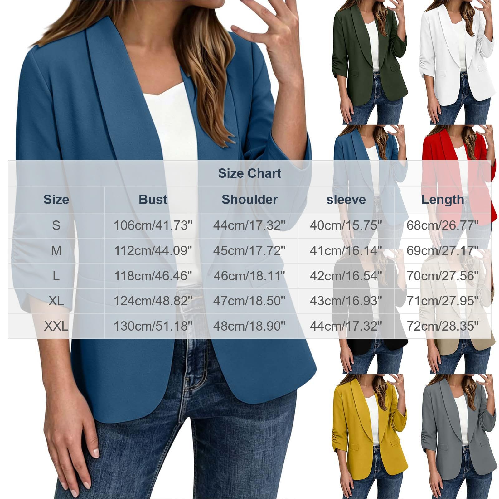 Blazer Damen Elegant Longblazer 3/4 Arm Blazer Sportlich Anzugjacke Arbeit Büro Anzugjacke Business Sommerblazer Leicht Damenblazer Freizeit Jacke Sommer Damen-Blazer Mantel Geschäft Offene Jacket