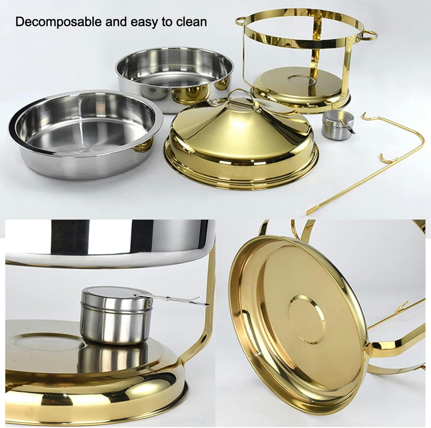 Stainless Steel Chafing Dish Buffet Set, Buffet Serving Platters and Food Warmer with Hanger, Water Bowls and Food Pans for Party Buffets (Color : Gold)