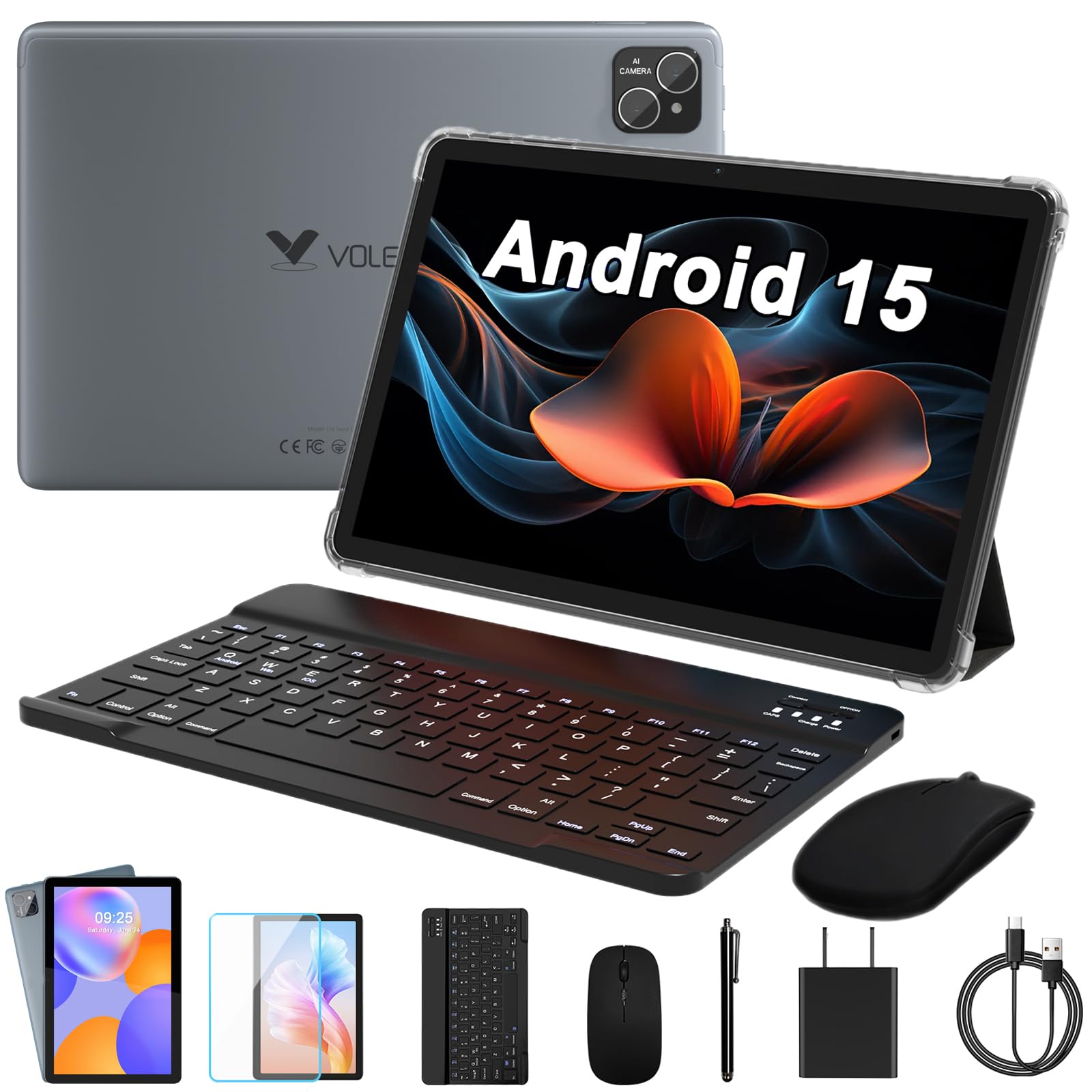 android 15 tablet, 10 inch 2 in 1 tablets with keyboard case stylus pen, 128gb octa-core processor, 5g wi-fi 6, hd ips display, dual camera, bluetooth, 8000mah