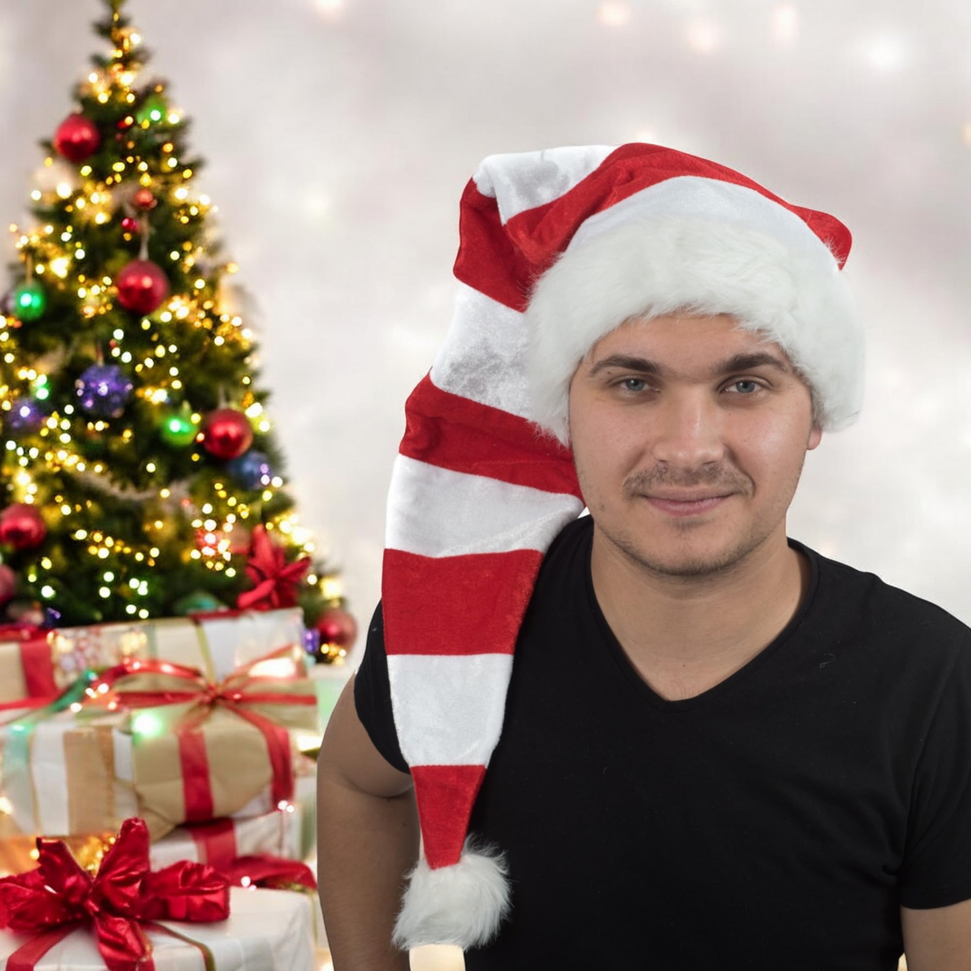 Ciffre 5 er Set Lange Weihnachtsmütze Nikolausmütze Weiß Rot Gestreift Plüsch Rand Nikolaus Mütze X24