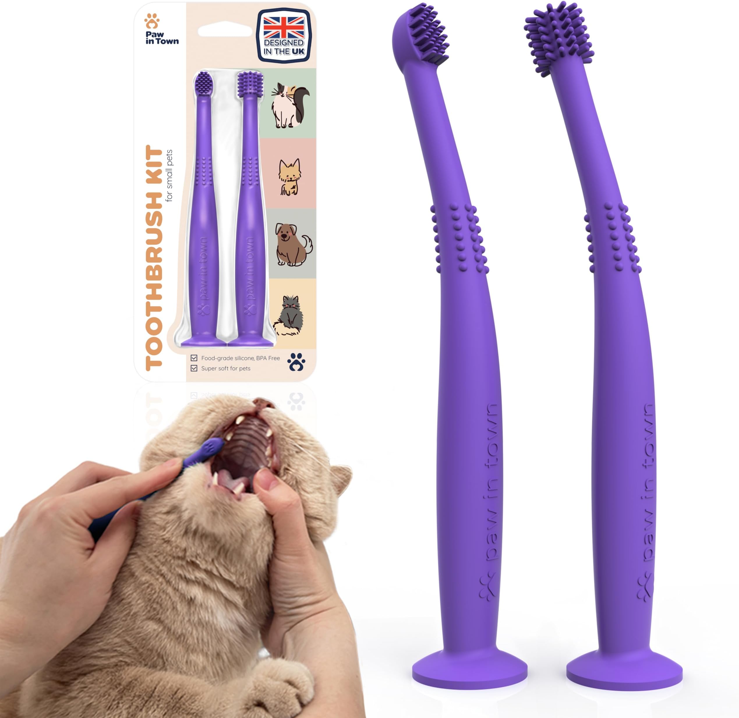 PAWINTOWN Soft Cat Toothbrush Set – Suitable for Dogs – Food Grade Silicone – Dental Care, Teeth Cleaning, Tooth Brushing Kit (Amethyst Aura)
