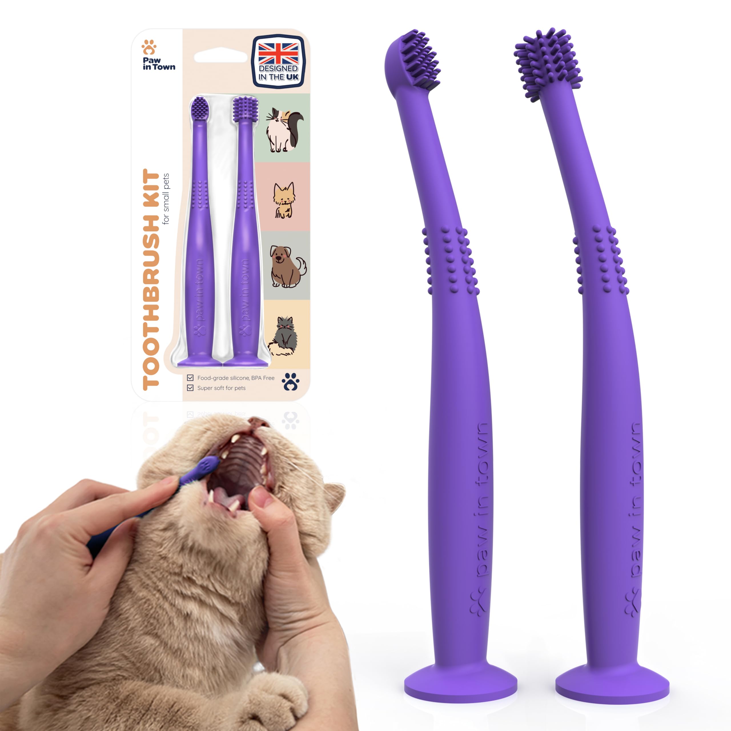 PAWINTOWN Soft Cat Toothbrush Set – Suitable for Dogs – Food Grade Silicone – Dental Care, Teeth Cleaning, Tooth Brushing Kit (Amethyst Aura)
