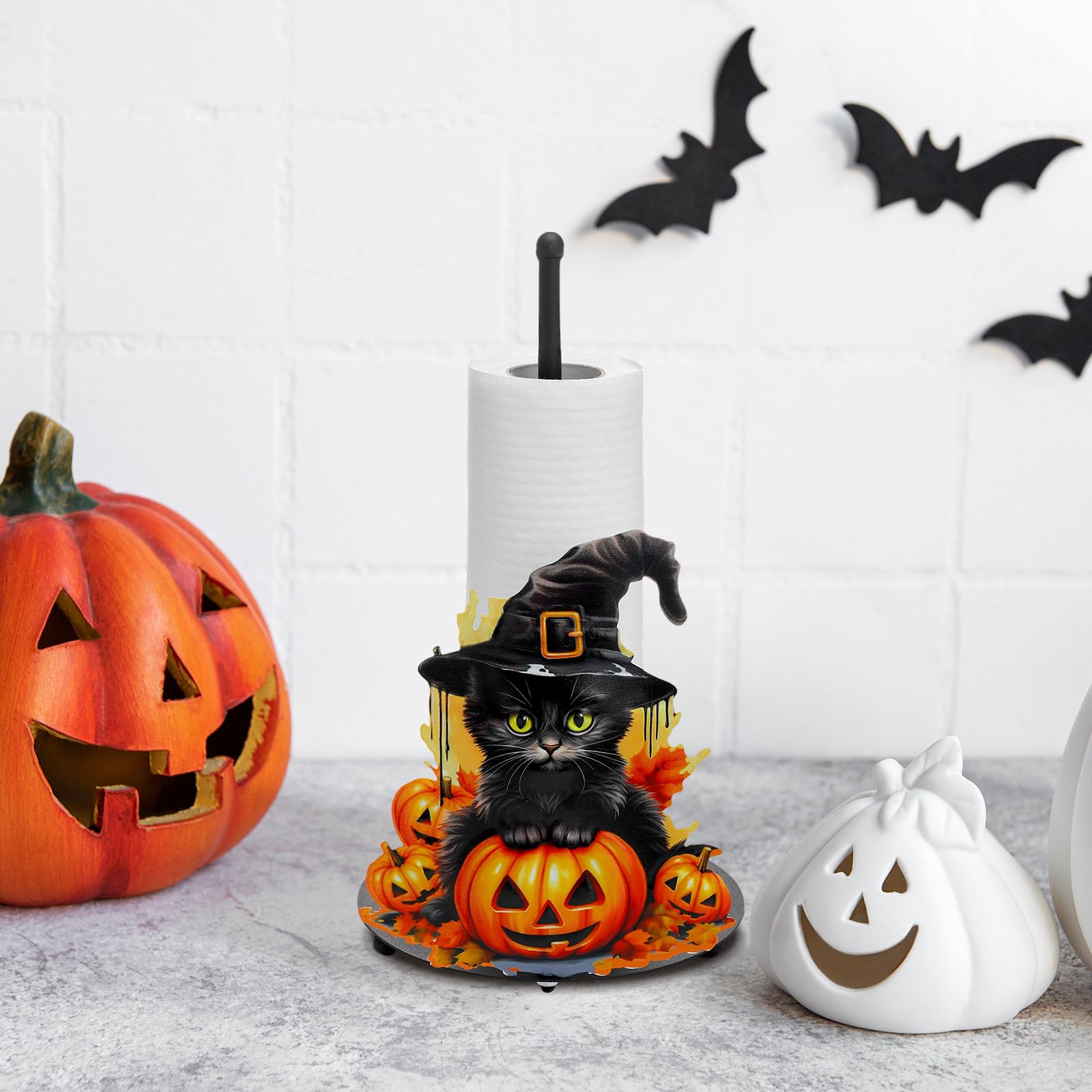 MorningRo Toallero de papel de gato negro de Halloween, accesorios de decoración de cocina, granja, Halloween, calabaza, soporte para toallas de papel para encimeras, baño, gato, calabaza
