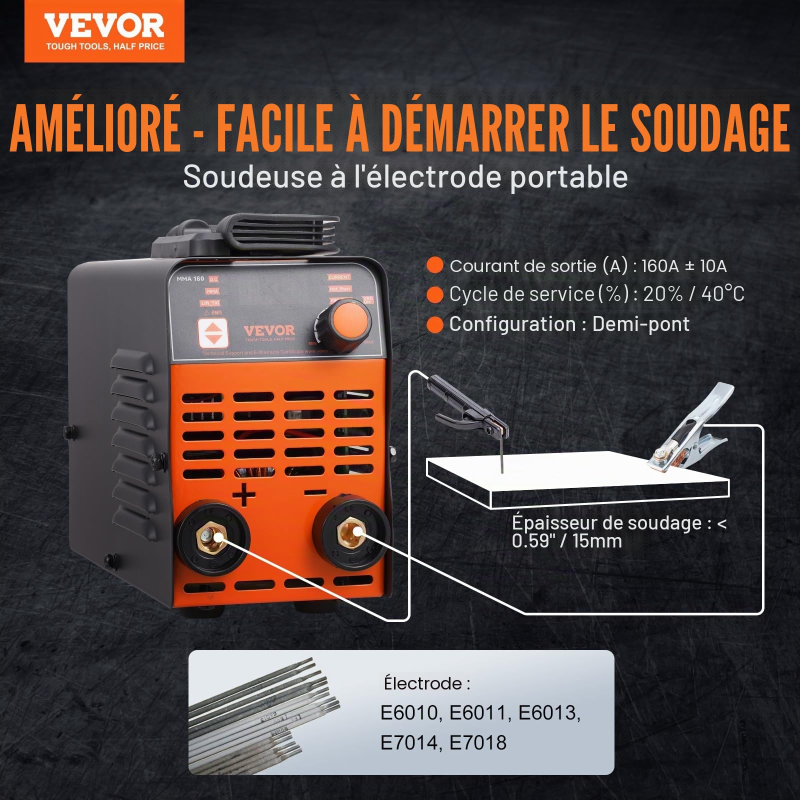 VEVOR Soudeuse à Bâton, 160 A, Poste à Souder ARC/Lift TIG avec Grand Écran LED, Machine de Soudage à Bâton Portable 2-en-1, Démarrage à Chaud, Antiadhésif, VRD, Machine à Souder ARC MMA pour Soudage