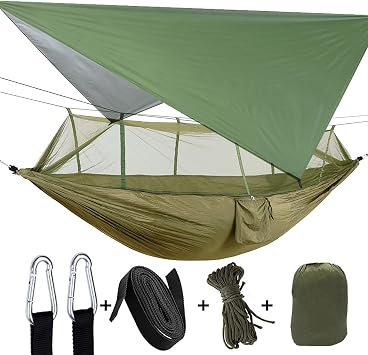 Camping Hammock, Double & Single Portable Hammock with Tree Straps, Lightweight Nylon Hammock Swing Set with Net and Rain Fly Tarp and Pocket for Backpacking Hiking Travel OutdoorArmyGreen