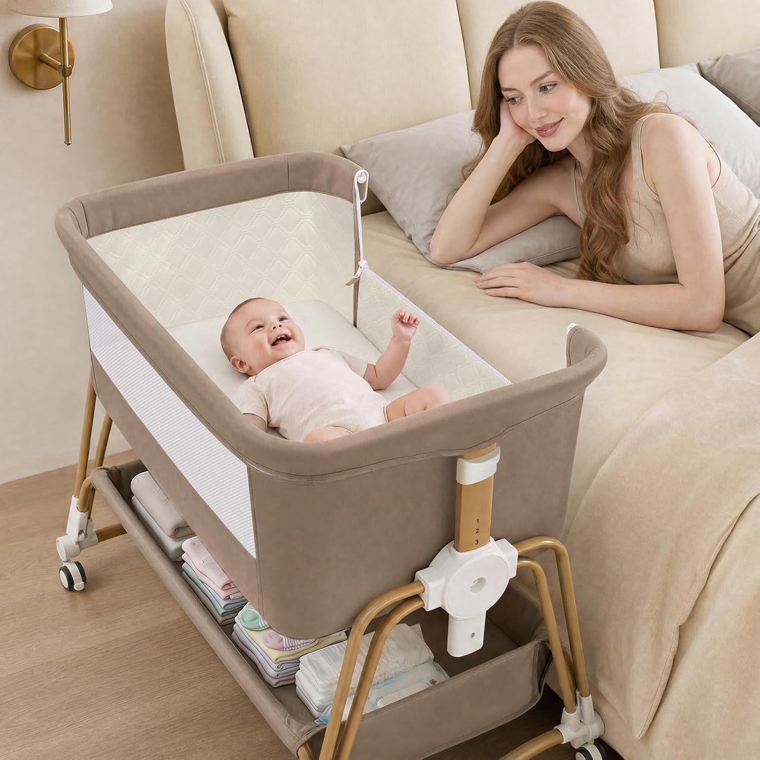 suihuooo 4-in-1 Baby Bassinet, Portable Bassinet Bedside Sleeper with Wheels and Storage Basket, 7 Height Adjustable Breathable Mesh Rocking Bassinet with Mosquito Net for Newborn-White