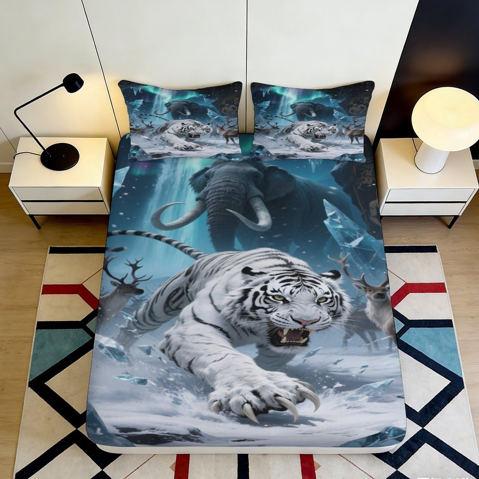 Pnayamiorkfel Style-5 3D Printed Ice Tiger Fitted Sheet Microfiber Mammoth Bed Cover For Bedroom Guest Room Machine Washable Decor 90X200x25cm