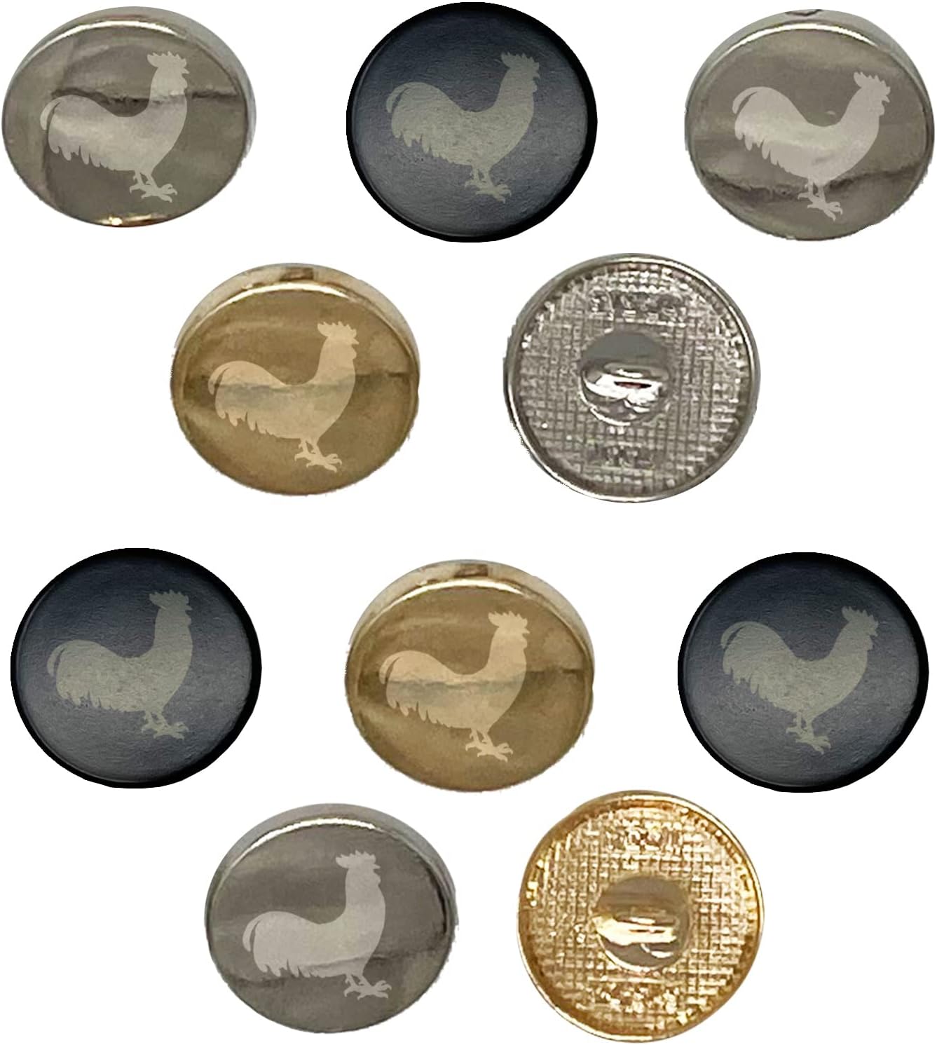 Rooster Chicken Standing Solid 0.6 (15mm) Round Metal Shank Buttons for Sewing - Set of 10 - Silver Color