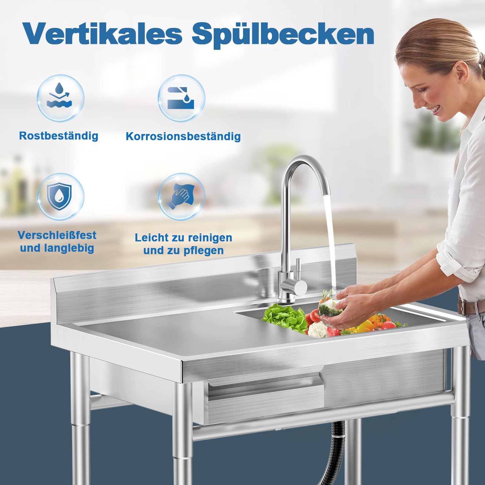 Spültisch edelstahl freistehend mit Schublade – Profi Spülbecken mit Arbeitsfläche, 360° Wasserhahn, Ablage & Unterschrank, Gastro Spüle für Küche, Gastronomie, Garten & Waschküche