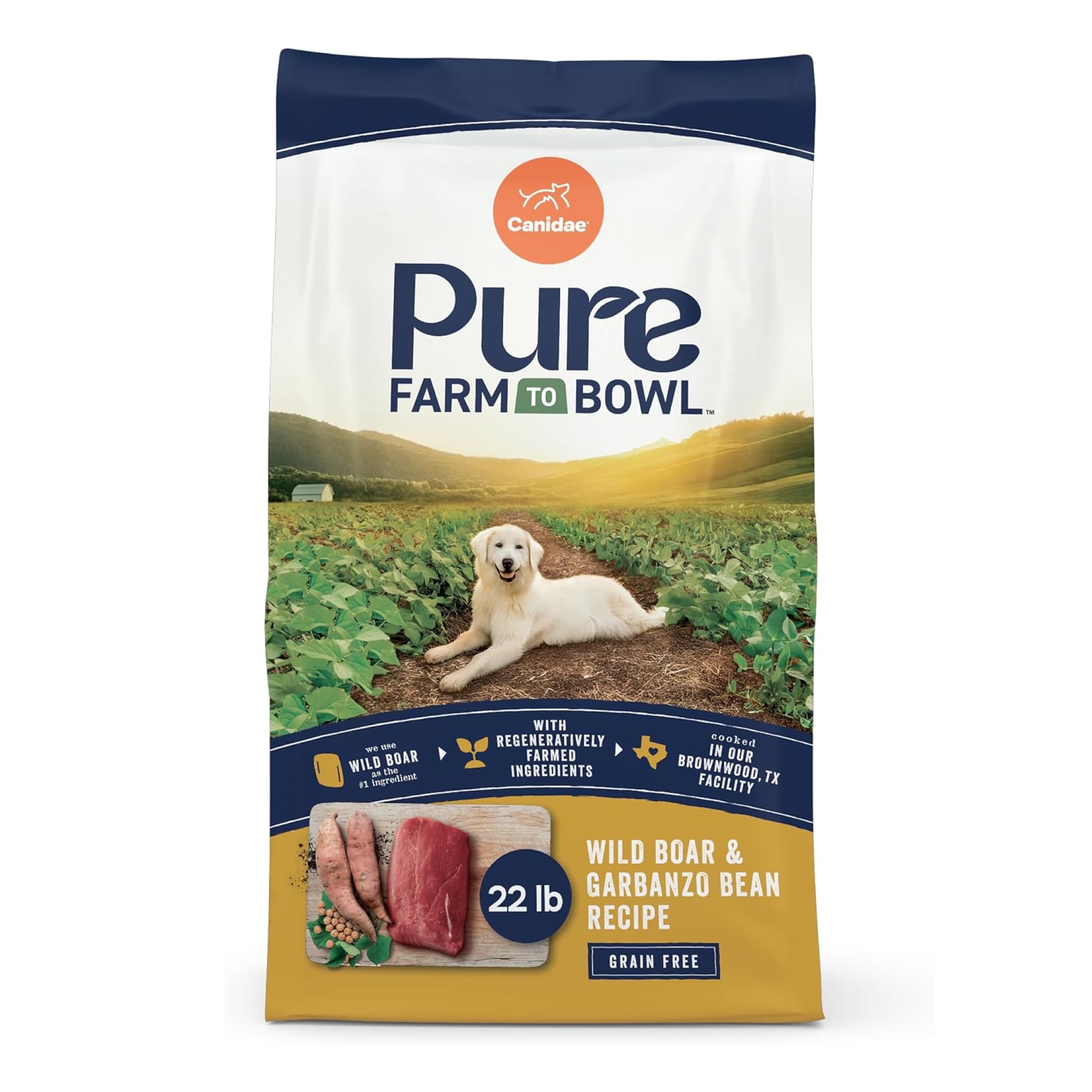 CANIDAE Pure Farm to Bowl, Wild Boar & Garbanzo Bean, 22 lb | Adult Dry Dog Food with Balanced Nutrition, Protein Rich, Limited-Ingredient Formula, Free from Grain, Wheat, and Soy, Wild Boar & Garbanzo, 22 Pound (Pack of 1)