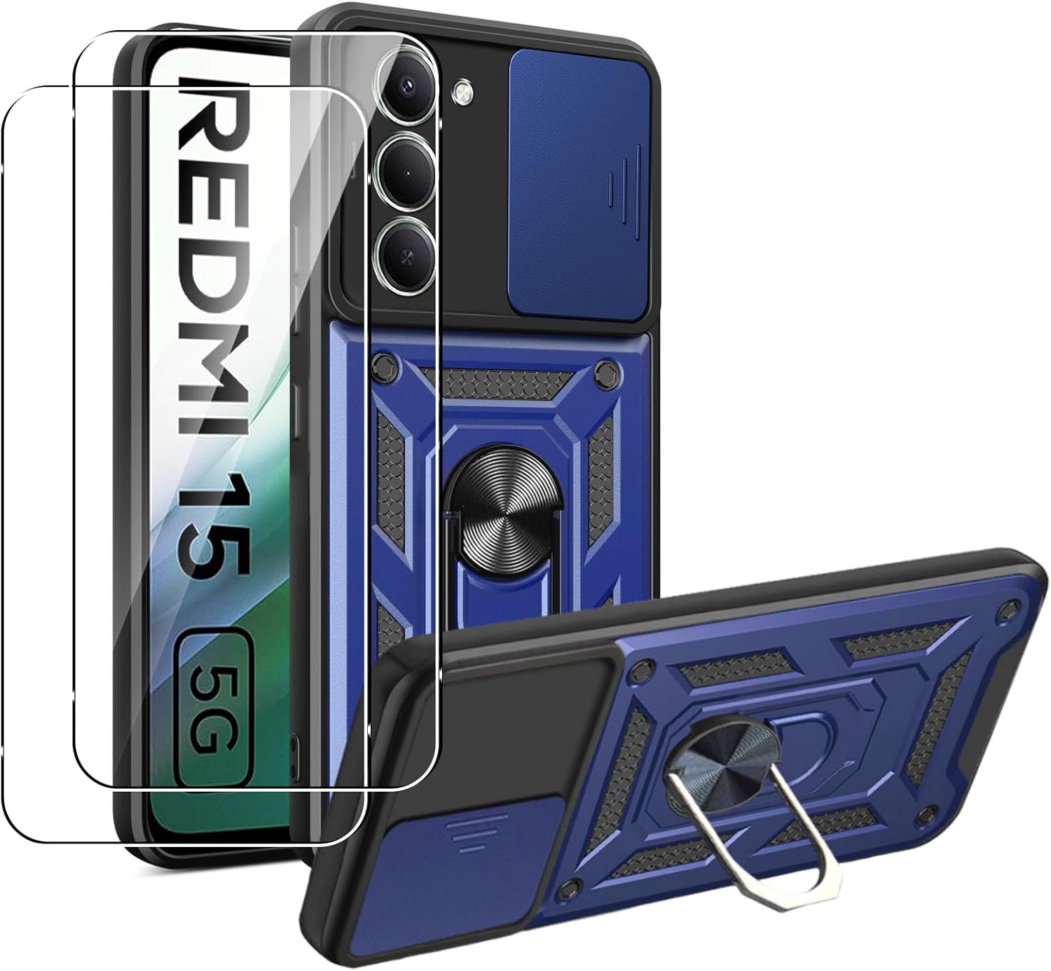 MEMELOKA XIAOMI REDMI 15 4G / 5G avec verre trempé, couvercle de protection militaire anti-rayures + support métallique à 360 ° Case d&rsquo;amortisseur rotatif, bleu