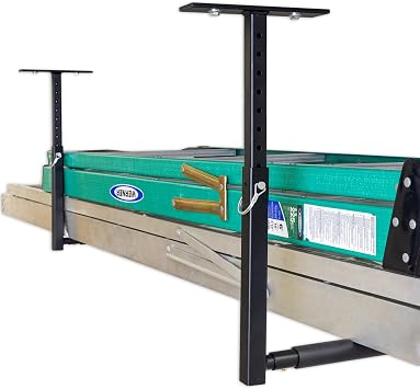StoreYourBoard Adjustable Overhead Ladder Rack Garage Organizer Ladder Shelf for Step & Extension Ladders - Storage Racks and Shelving for Garage Organization - Ceiling Mounted - Holds 75 lbs
