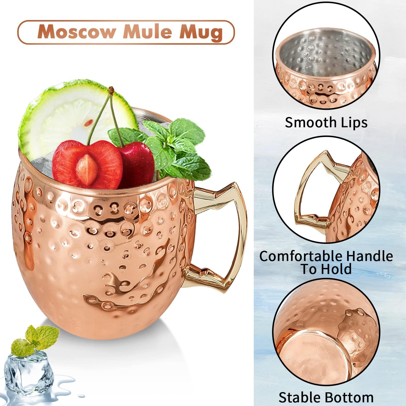 Kubki do koktajli Moscow Mule, zestaw 4 miedzianych kubków mule ze stali nierdzewnej, 540 ml, z miedzianymi słomkami, miarką, łyżką, idealne do zimnych napojów, prezent, 4 szt.