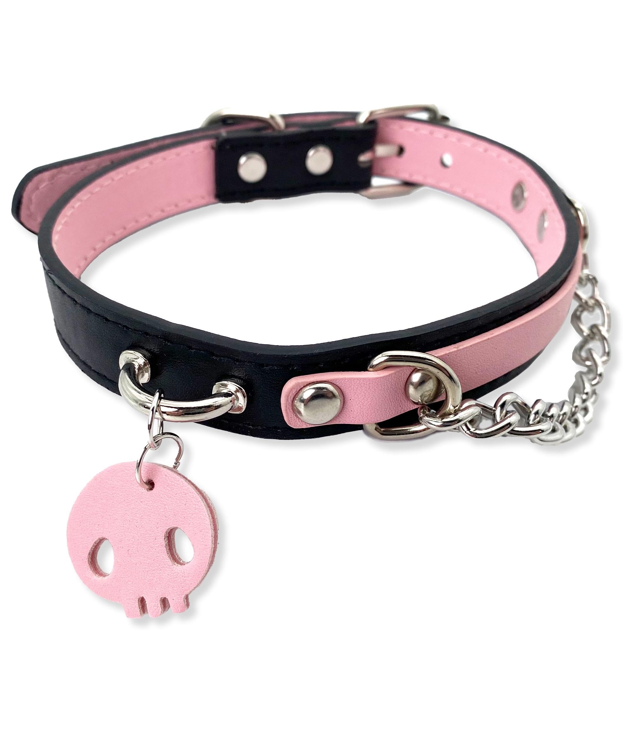 EverGlimp Leather Choker Collar Necklace For Women,Cute Skull Gothic Punk Rock Choker Necklace Collars: PINK SKULL