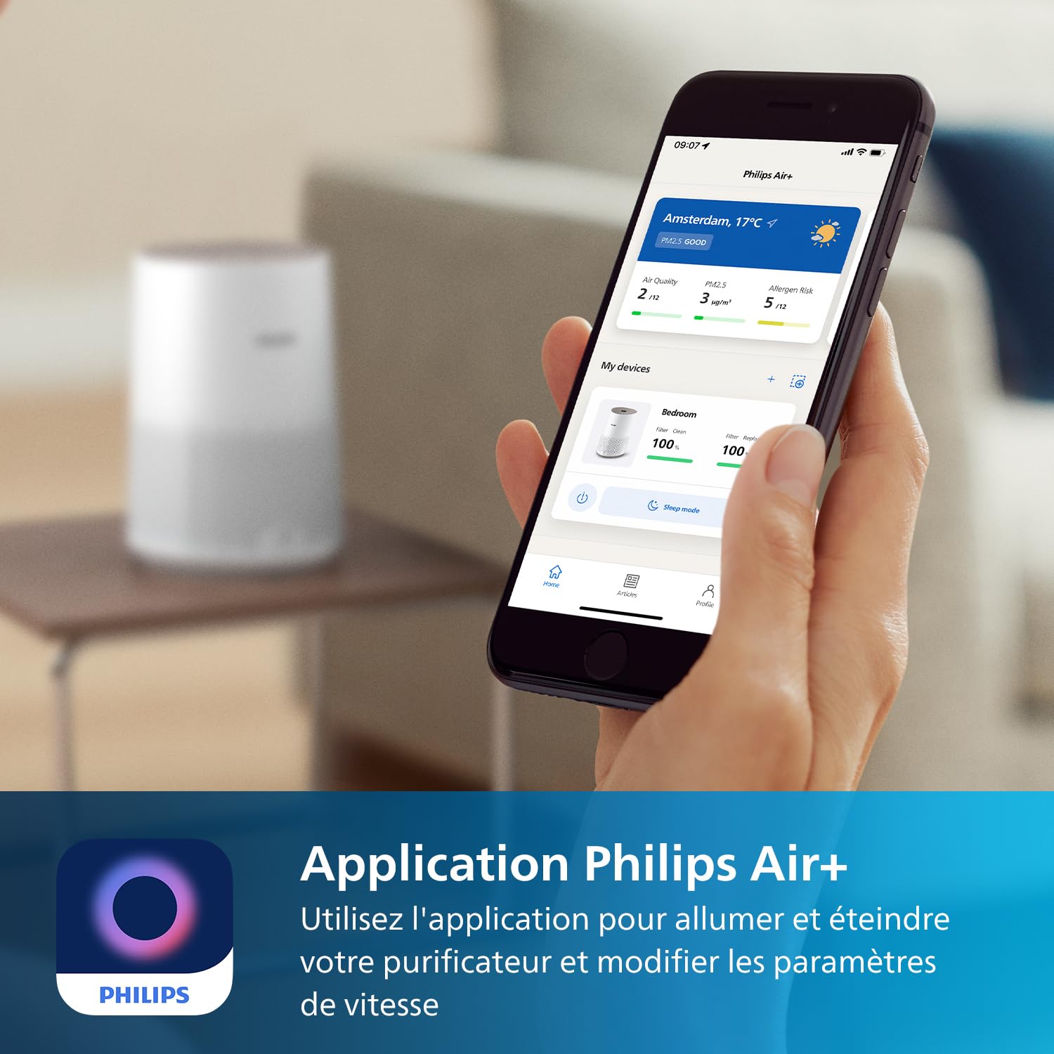 Philips Purificateur d'Air Séries 600, Ultra-silencieux et économe en énergie, éfficace contre allergies, Filtre HEPA élimine 99.97% des polluants, Jusqu'à 44m², Contrôle par App, Blanc (AC0650/10)