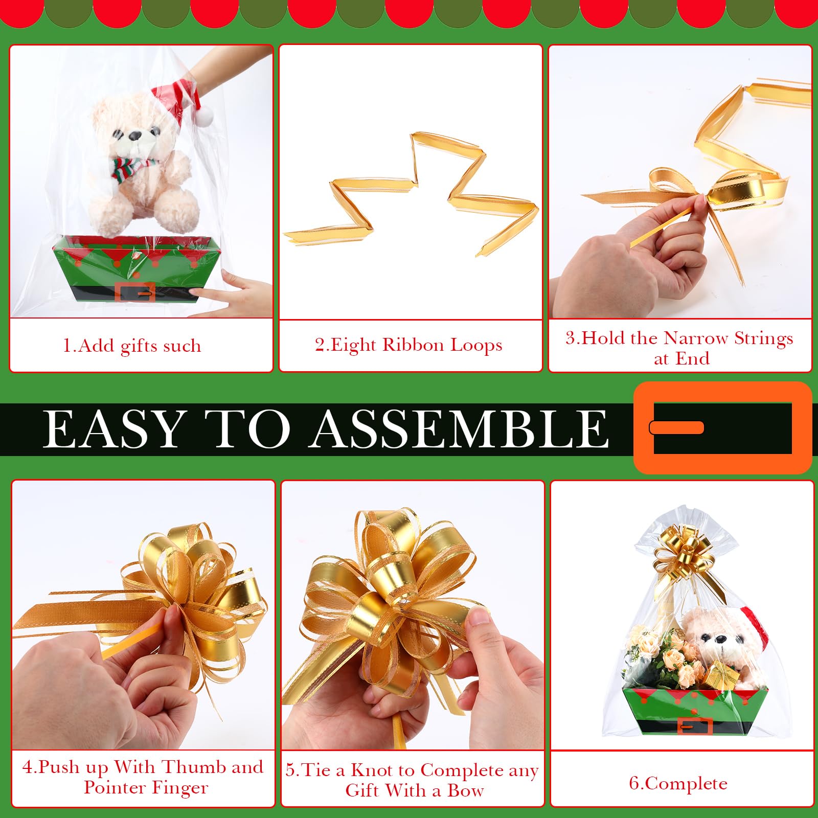 Tioncy Confezione da 44 cesti natalizi vuoti per regali, tra cui 12 cesti regalo vuoti in cartone, 12 sacchetti regalo trasparenti, 20 fiocchi dorati per bellissimi regali, Natale, Pasqua (elfo)