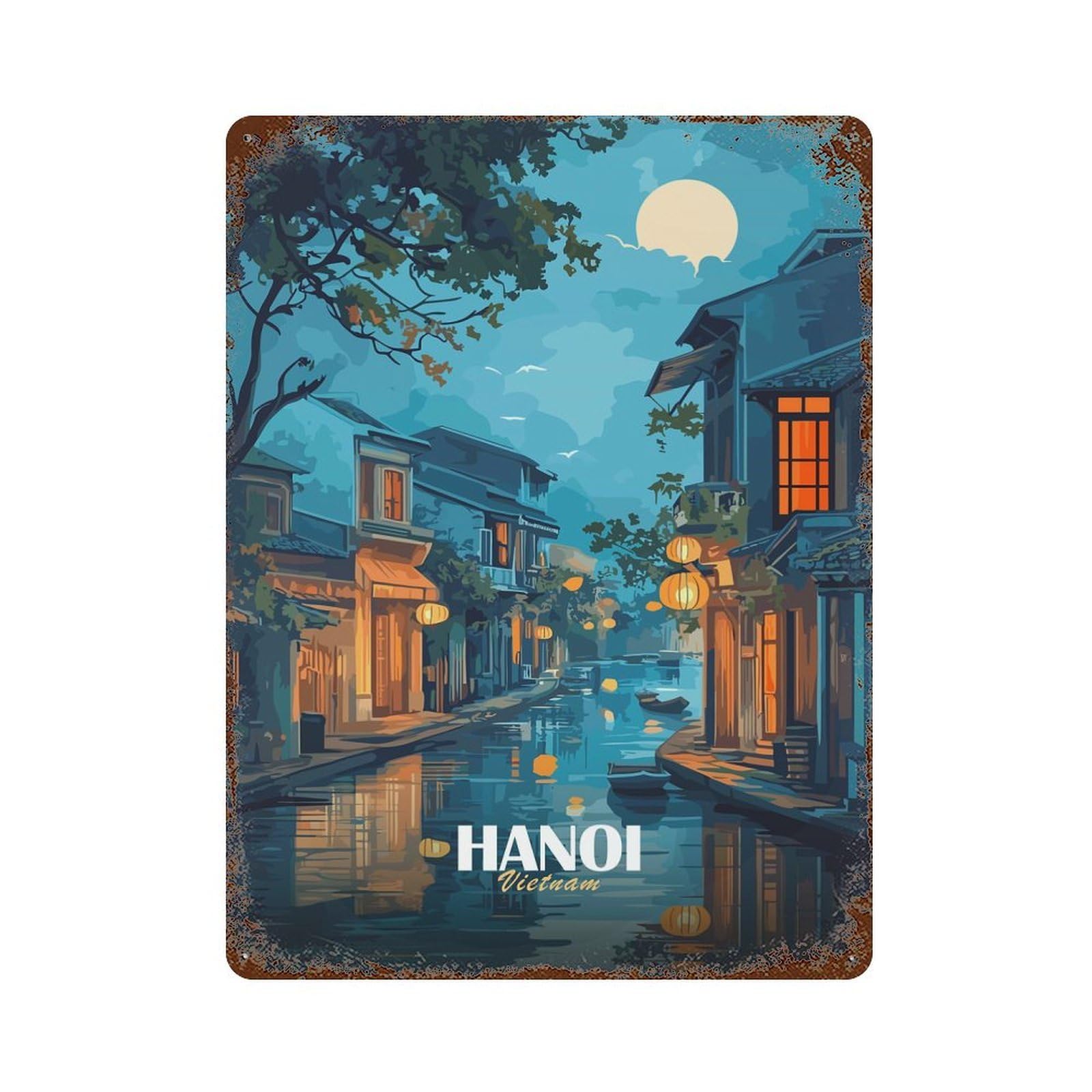 Aged Metal Wall Plaque with Hanoi, Vietnam Canal at Night Design 15.7"x11.8", for Cafe, Home Bar And Lounge Decor, Novelty Wall Decor