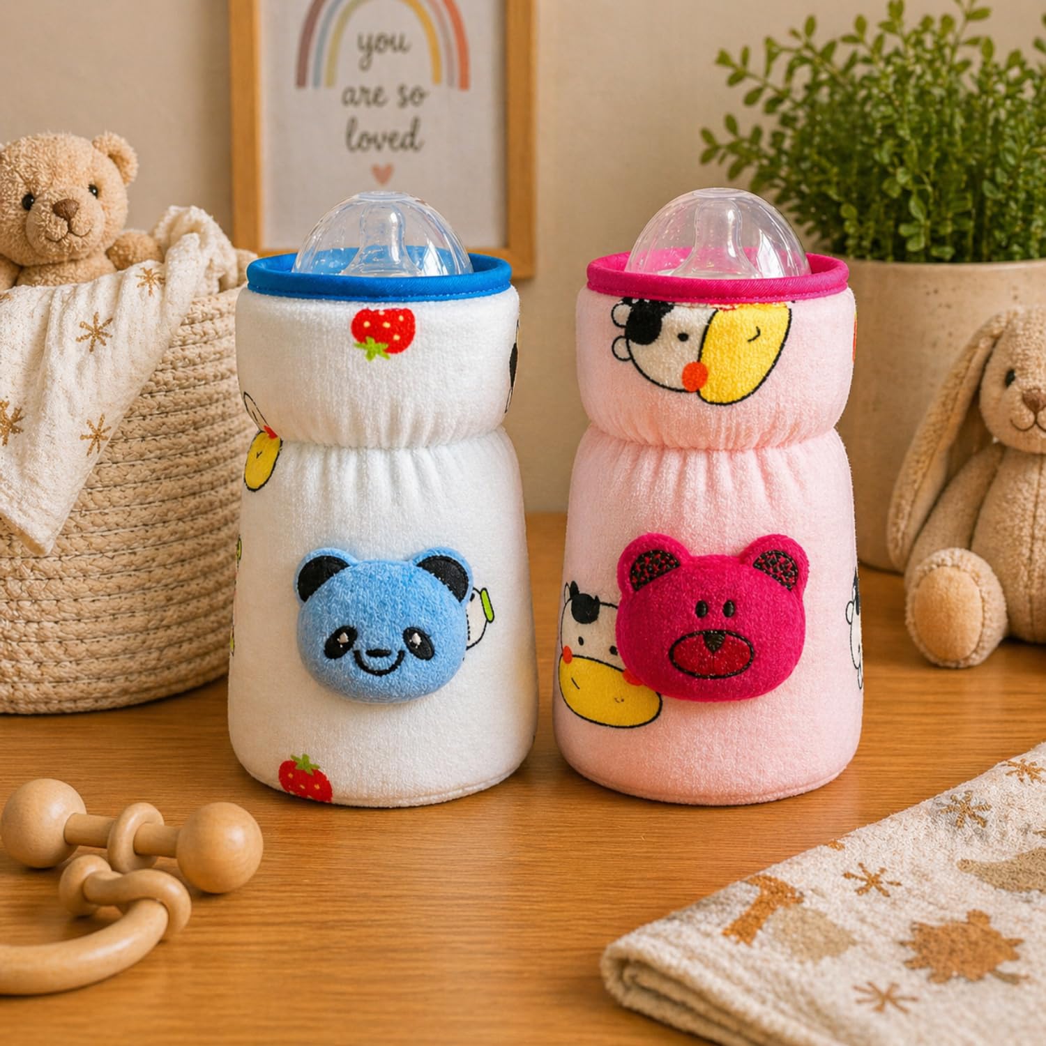 THE LITTLE LOOKERS Soft Plush Stretchable Baby Feeding Bottle Cover with Easy to Hold Strap | Cute Animated Overall Print Pack of 2 (Pink & Blue, Wide Neck 240-330ml/8-11oz)-image-26