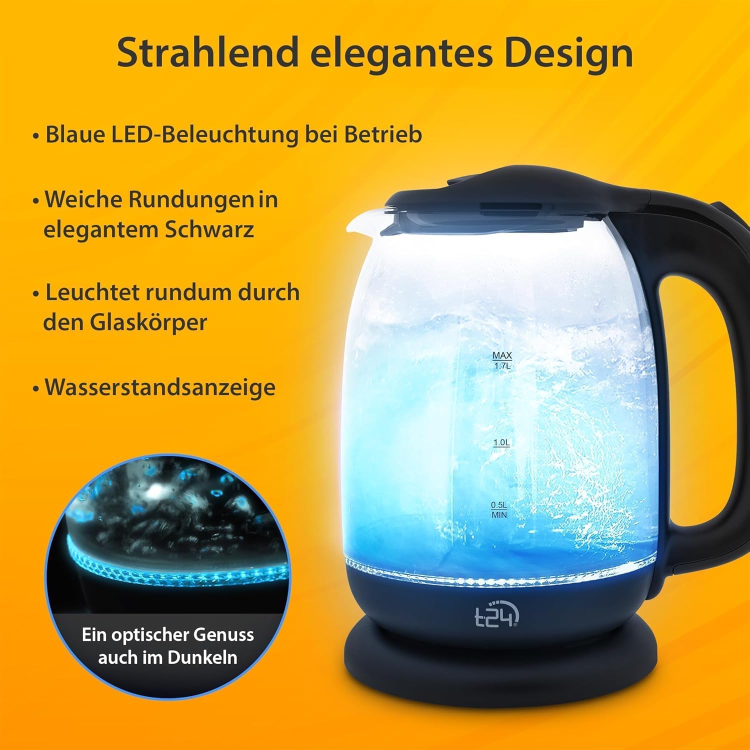 T24 Glass Kettle 1.7 L with LED Lighting, Black Kettle, Kettle, Hot