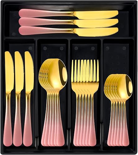 Juego de cubiertos de 24 piezas con organizador, juego de cubiertos de oro rosa degradado para comedor familiar, 6 cubiertos de acero inoxidable de
