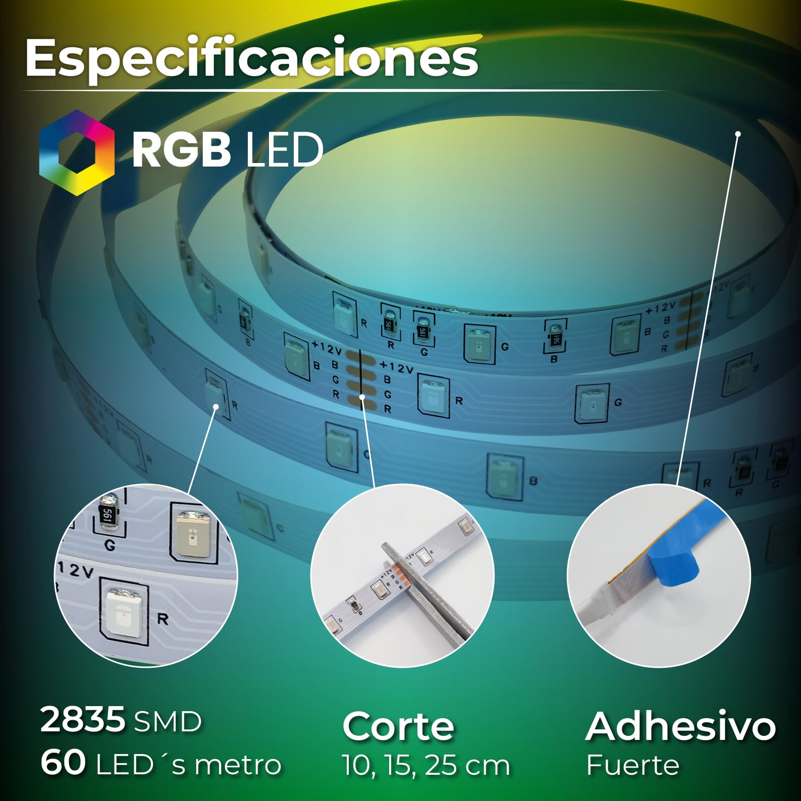 LED ATOMANT 5x Rollo 5m de Tira Luz LED Bluetooth RGB 12V APP y Mando | Sincronizacion musical, Modos dinamicos, 16 millones de colores