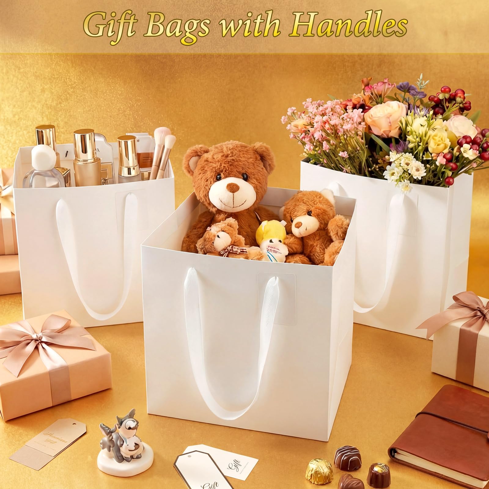 Windyun 50 bolsas de regalo de papel con asa, 25,4 x 25,4 x 25,4 cm, cuadradas, pequeñas, con etiqueta de agradecimiento para cumpleaños, boda, despedida de soltera, dama de honor, fiesta de