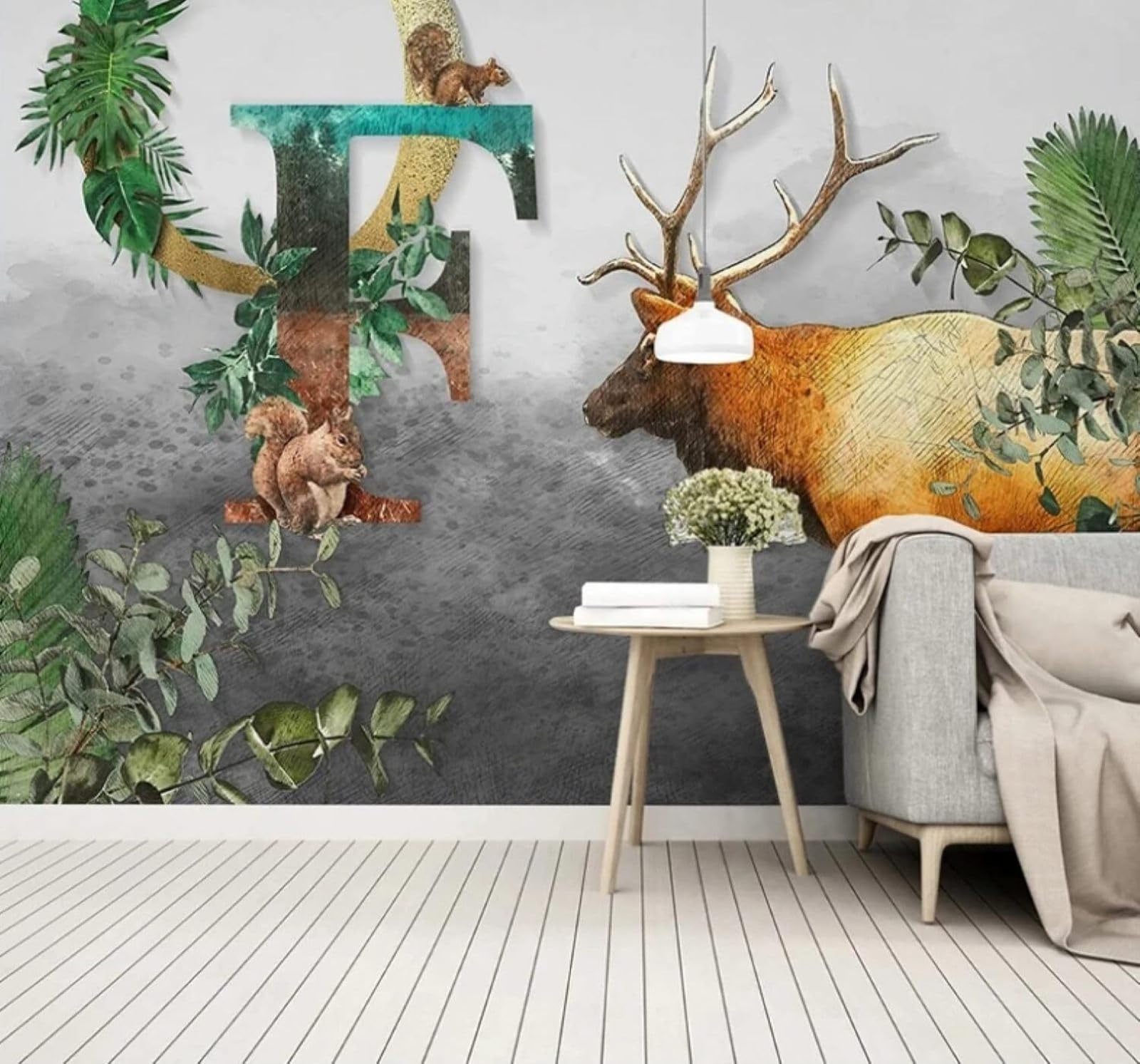 XLMING Cartoon Hand Drawn Animals Reindeer Green Leaves 3D Wallpaper Luxury Silk Study Dining Feature Sofa Grey Bedroom Living Room Tv Decorative Wall-150cm×105cm