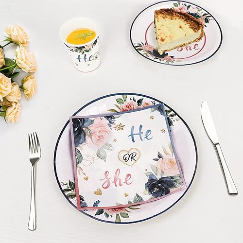 Miniatura 7 de Juego de vajilla para fiesta de revelación de género, 120 platos y servilletas azul marino y rubor, sirve para 30 invitados para niños o niñas,