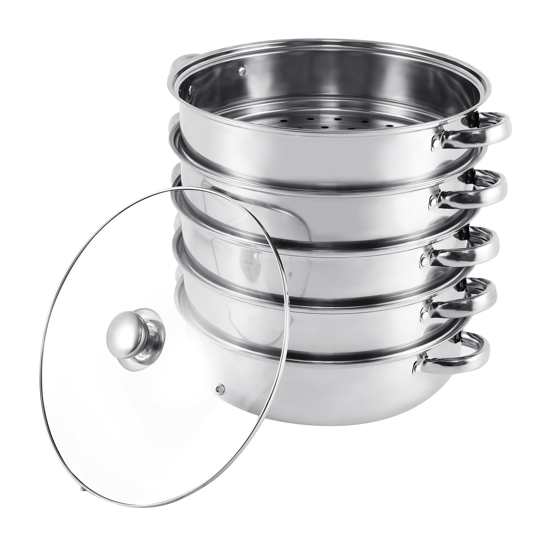 Cocido al vapor de acero inoxidable con tapa de cristal, 5 pisos 30cm, utensilios de cocina, cacerola, placa de inducción, vaporizador para albóndigas