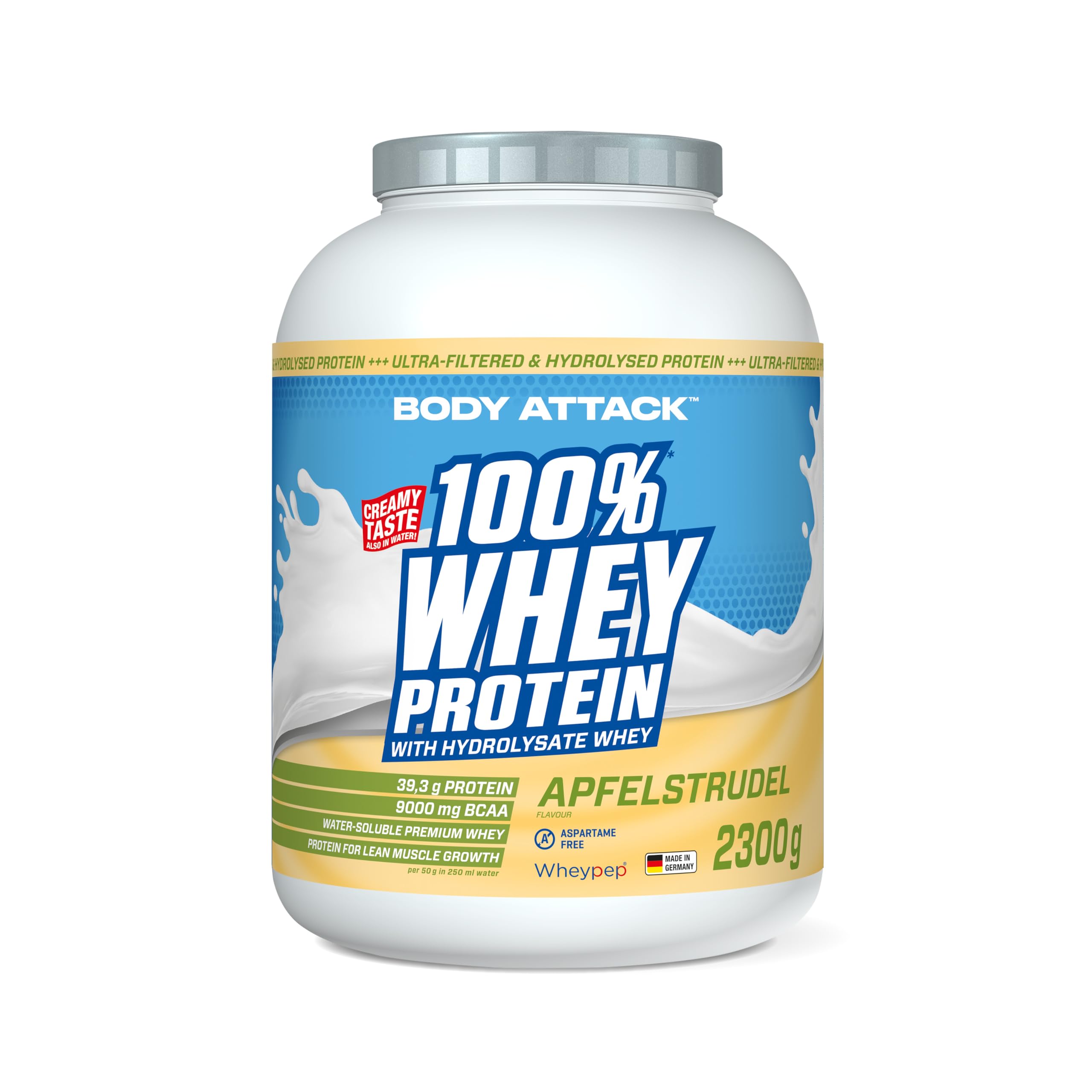 Body Attack 100% Whey Protein - Apfelstrudel - 2,3 kg - Made in Germany - Extra cremiges Eiweißpulver mit Hydrolysat & BCAA´s, unterstützt Muskelaufbau und Diäten - Für Sportler & Athleten
