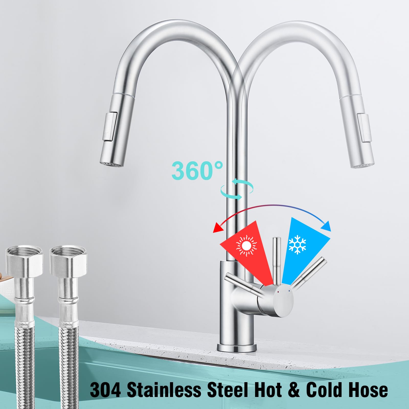 BONADE Niederdruck Armatur Küche, 360° Drehung Wasserhahn Küche mit Ausziehbare Brause, Küchenarmatur mit 3 Anschlüsse, Zwei Wasserstrahlarten Armatur Küche, Mischbatterie Küche für Boiler Gebürst