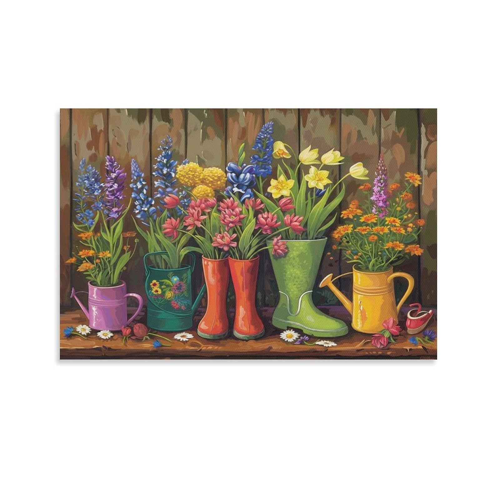CPLVKWRQJ Spring Flowers in Boots Individual Rain Boots Filled with Assorted Garden Blossoms Wall Art Decor - Office Wall Focal Art Multi-Purpose Fade Resistant Decor 12x18inch(30x45cm)