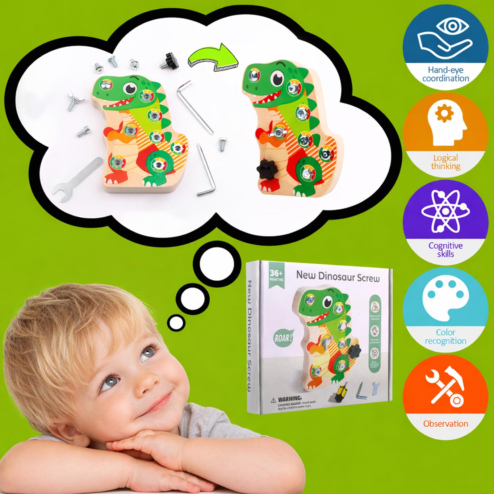Liangding Montessori Dinosaur Screw Board Toy, Wooden Busy Board with 8 Screws & Tools - Image 2