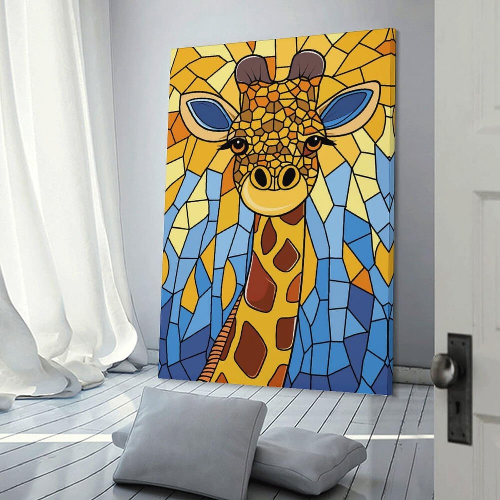 Junmoney Frame-Style Stained Glass Giraffe Portrait Canvas Art Print, 24X36inch(60X90cm), For Living Room, Bedroom, Office Or Hallway, Decorative Artwork With Broad Appeal