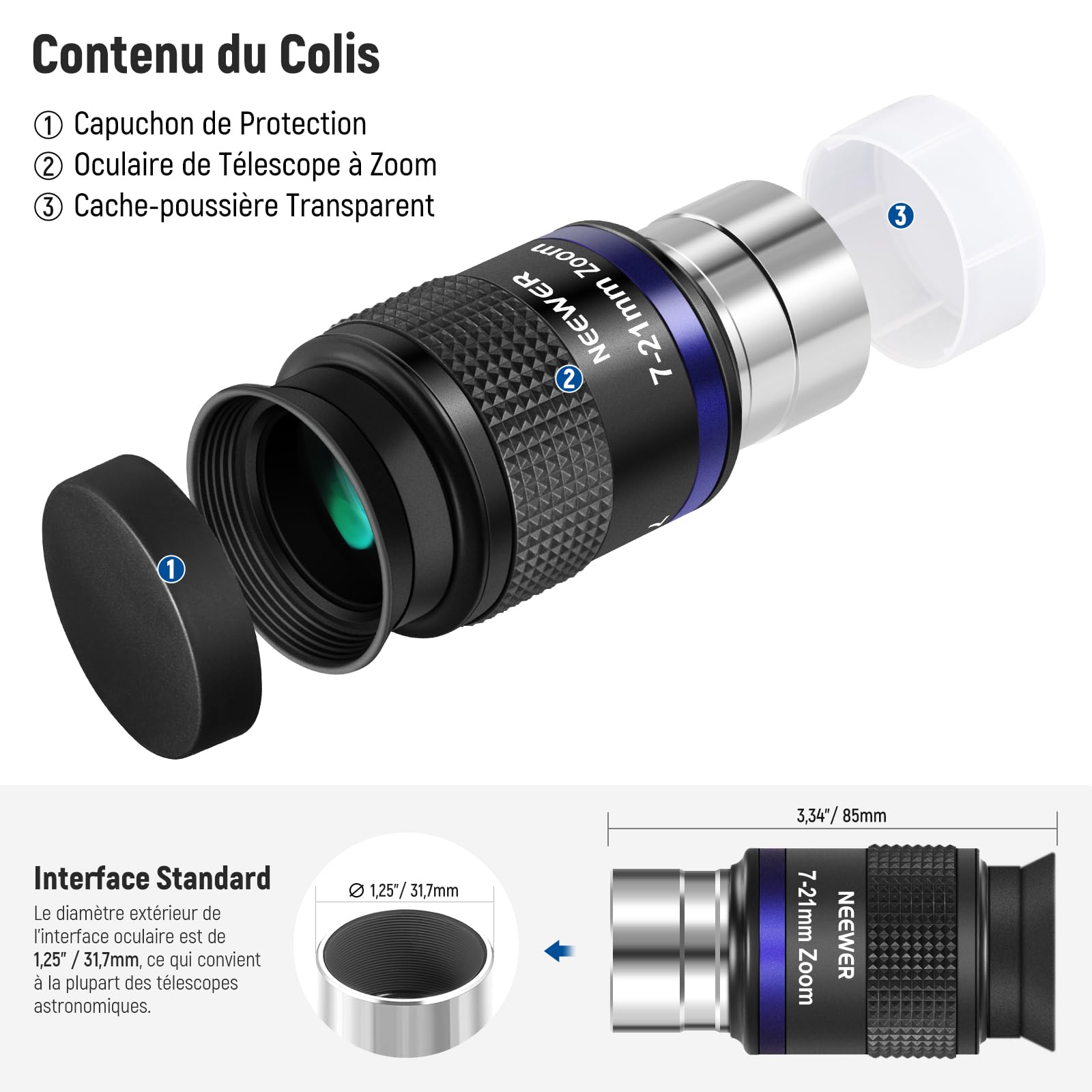 NEEWER Oculaire de Télescope Zoom avec Plage Focale de 7 à 21mm,Champ de Vision de 40°à 57°,Dégagement Oculaire de 15mm,5 éléments en 3 Groupes pour Télescope Astronomique avec Baril 1,25 Pouce,LS-T22