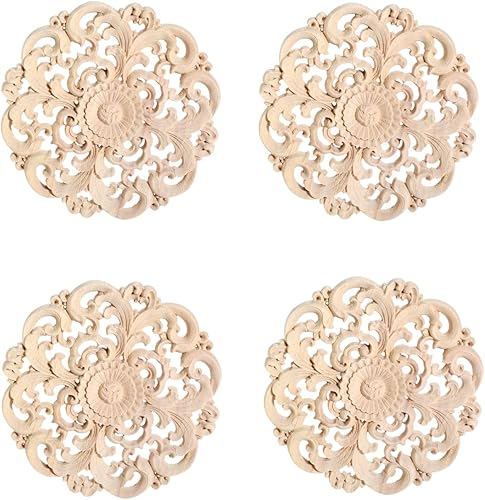 MUXSAM Round Wood Appliques Onlays, 4-Pack Unpainted Wooden Carved Flower Carvings Decals for Wall Cupboard Mirror Mantel Door Bed Cabinet Ceiling