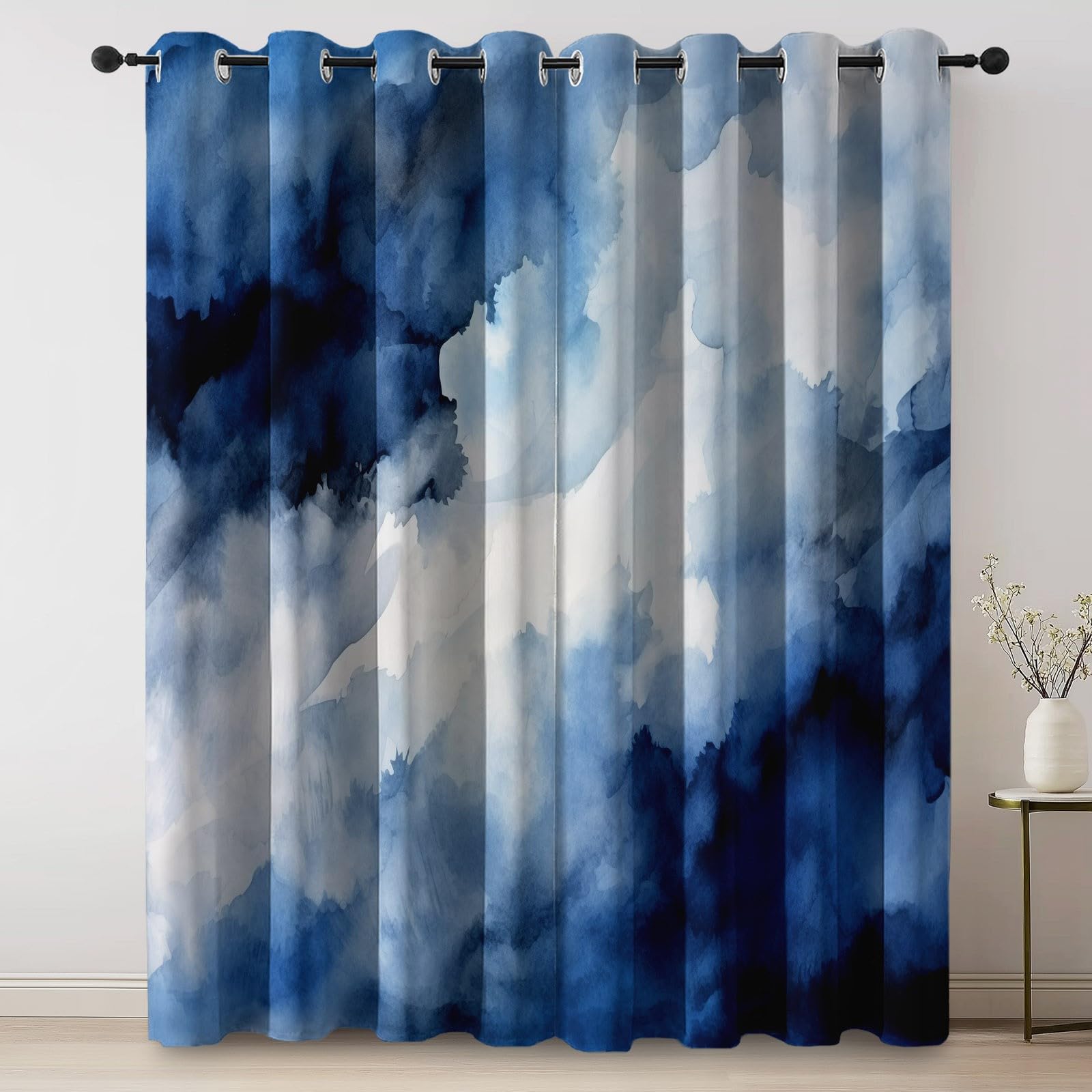 91.5L X 214H cm (2 Panneaux) Rideau Occultant Thermiques, Abstrait Nuages Aquarelle Imprimé Rideau pour Salon Chambre Fenetre Cuisine Bleu Blanc Rideaux et Draperies Intérieurs à Oeillets
