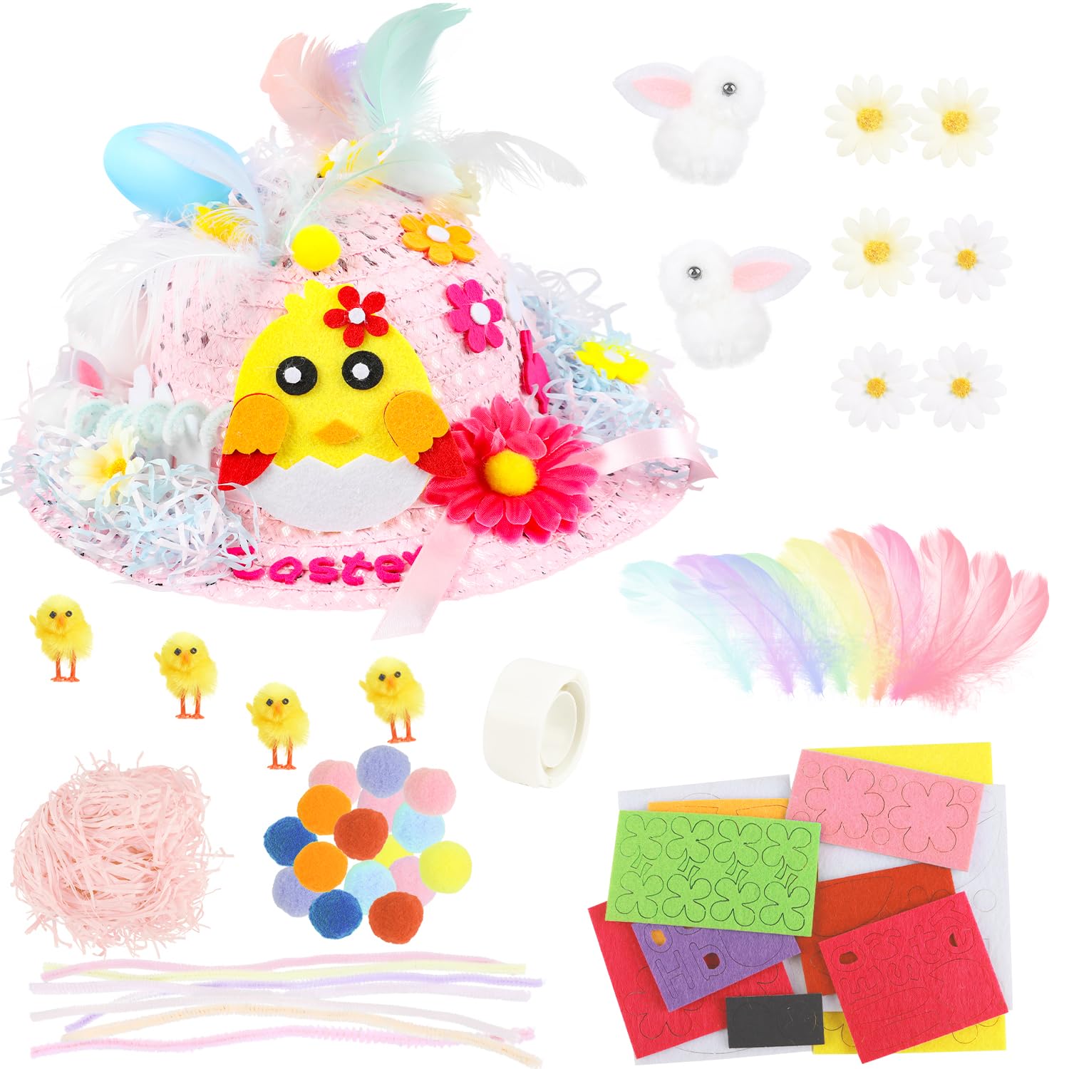 JOFONY Easter Bonnet Kit, Kids Easter Bonnet Hat Sets Make Your Own Easter Bonnet Hat, DIY Your Own Easter Bonnet Kit Easter Hat for Easter Craft Supplies(Pink)