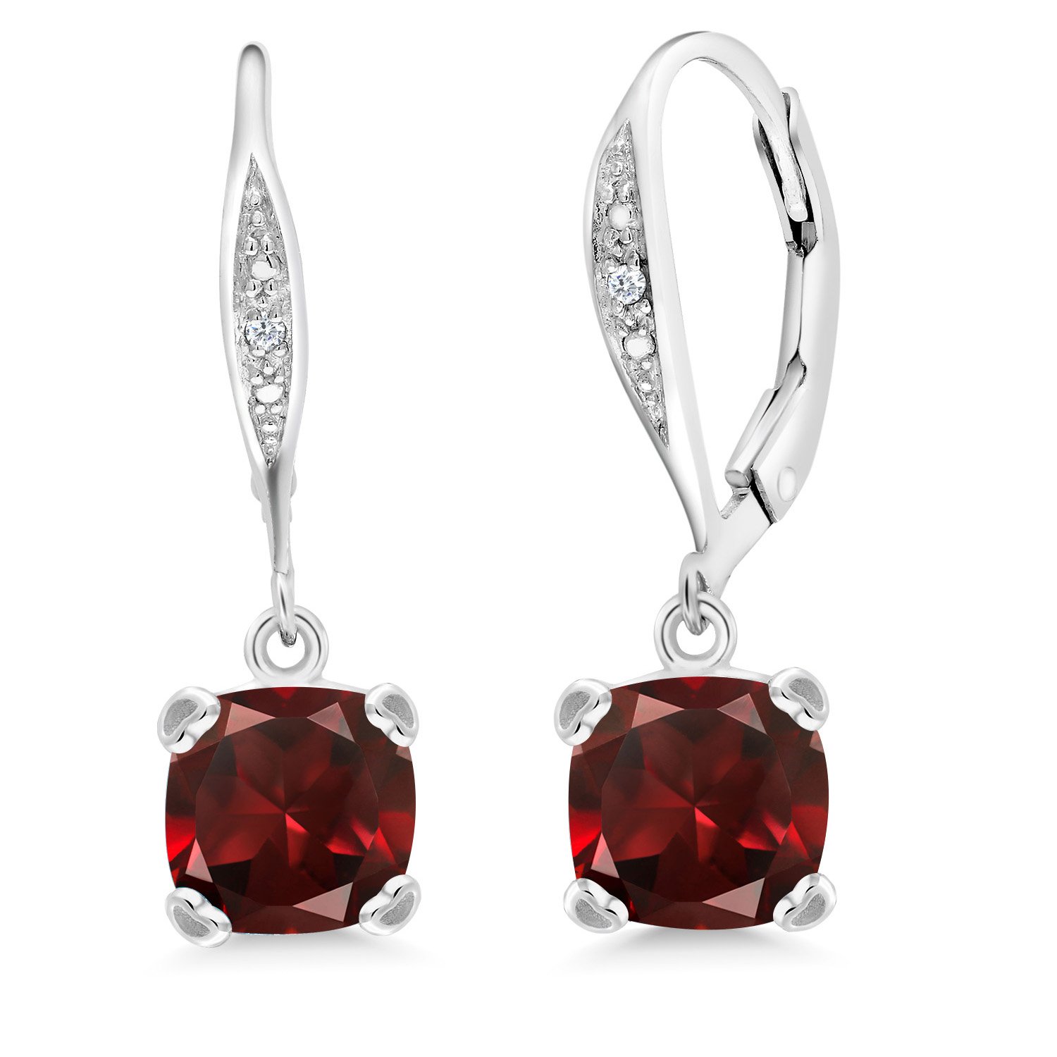 925 Sterling Silver Red Garnet and White Diamond Dangle Earrings For Women (3.71 Cttw, Gemstone Birthstone, Cushion Cut 7MM), Metal Gemstone, Garnet Diamond