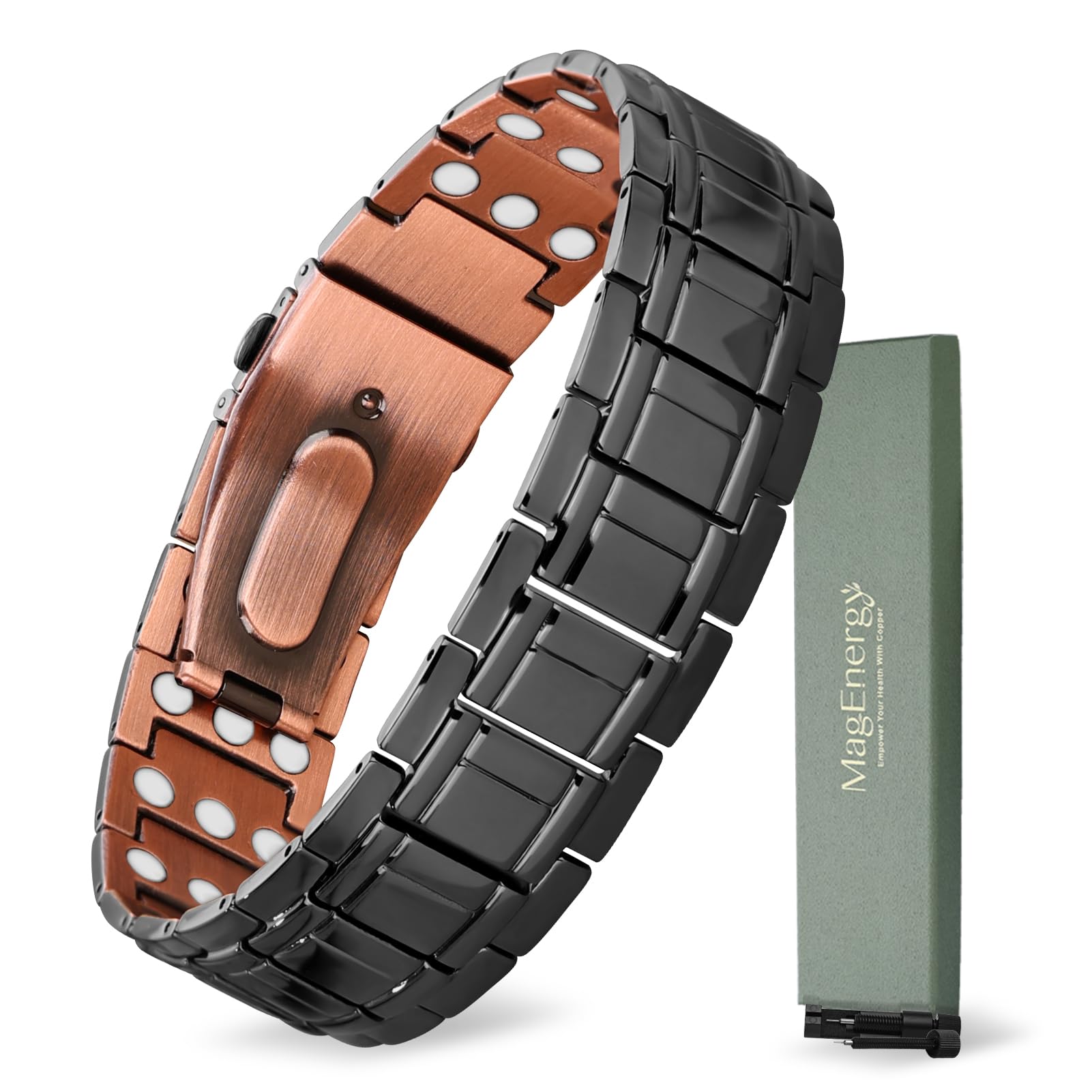 MagEnergy Pulsera de cobre para hombre, pulsera magnética ajustable con herramienta de extracción de eslabones