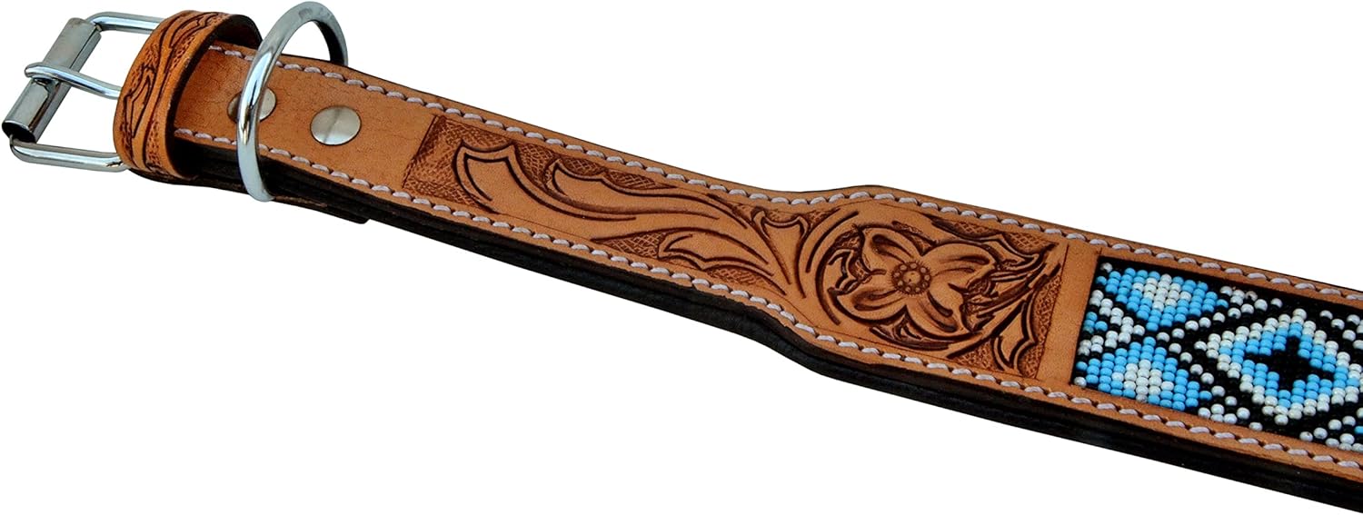 Leather Dog Collar Western Style Heavy Duty Hand Tooled Adjustable Beaded and Padded Soft for Puppies and Big Dogs 10AB020