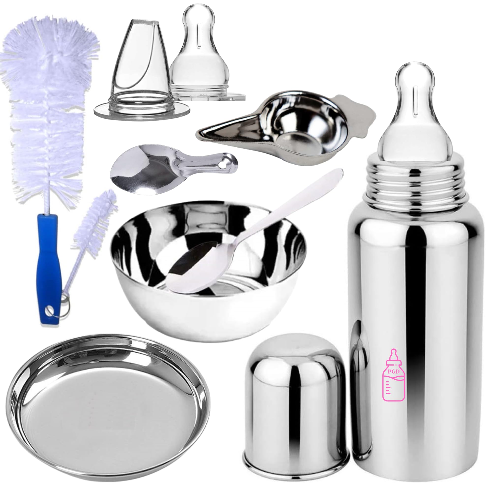 PGD New Born Baby Essential Steel Feeding Utensils Gift Set- Feeding Bottle, Feeder, Bowl, Plate, Idly Spoon, Spoon, Cleaning Brush Set, Sipper and Nipple (200ml Essential Utensils Gift Set)
